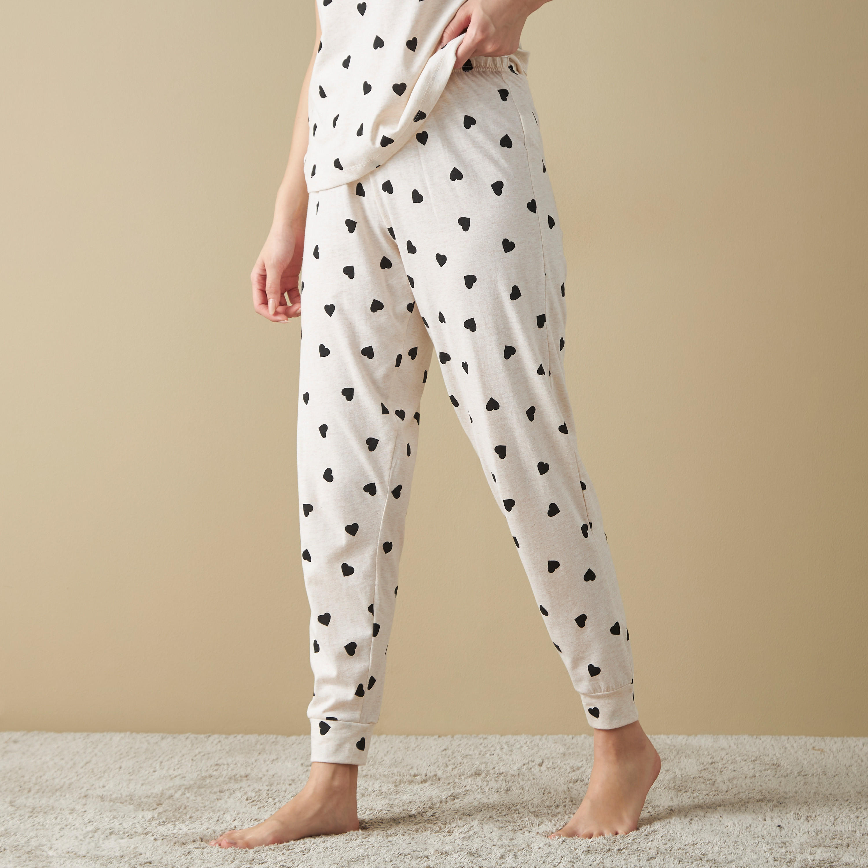 All-Over Heart Print Round Neck T-shirt and Striped Pyjama Set-women-clothing-nightwear-pyjamas-longsets-image-3