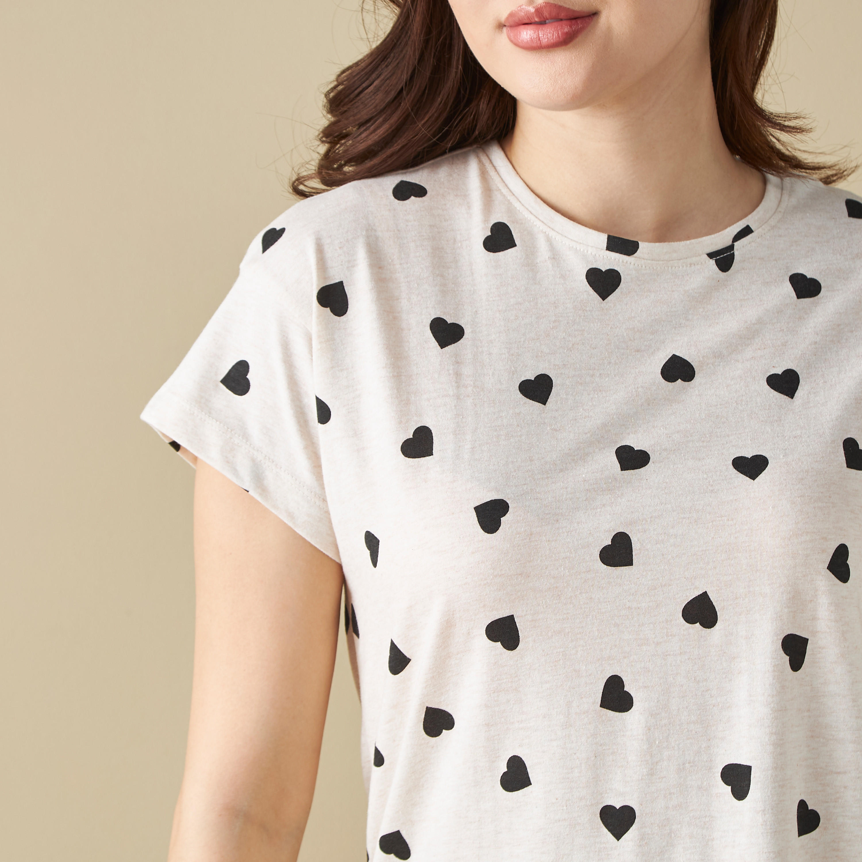 All-Over Heart Print Round Neck T-shirt and Striped Pyjama Set-women-clothing-nightwear-pyjamas-longsets-image-5