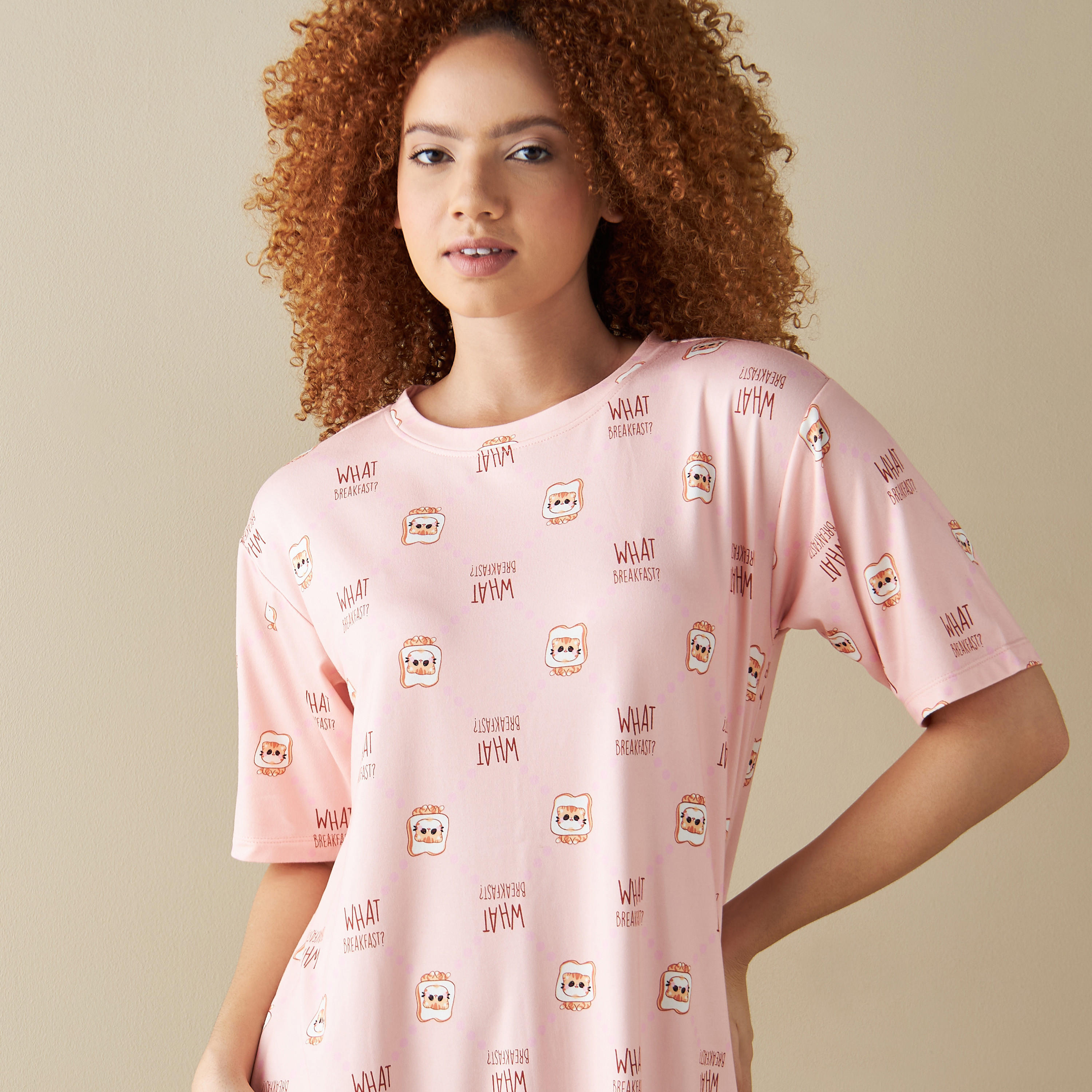 قميص نوم بياقة مستديرة وأكمام قصيرة وطبعات - طقم من قطعتين-women-clothing-nightwear-nighties-image-5