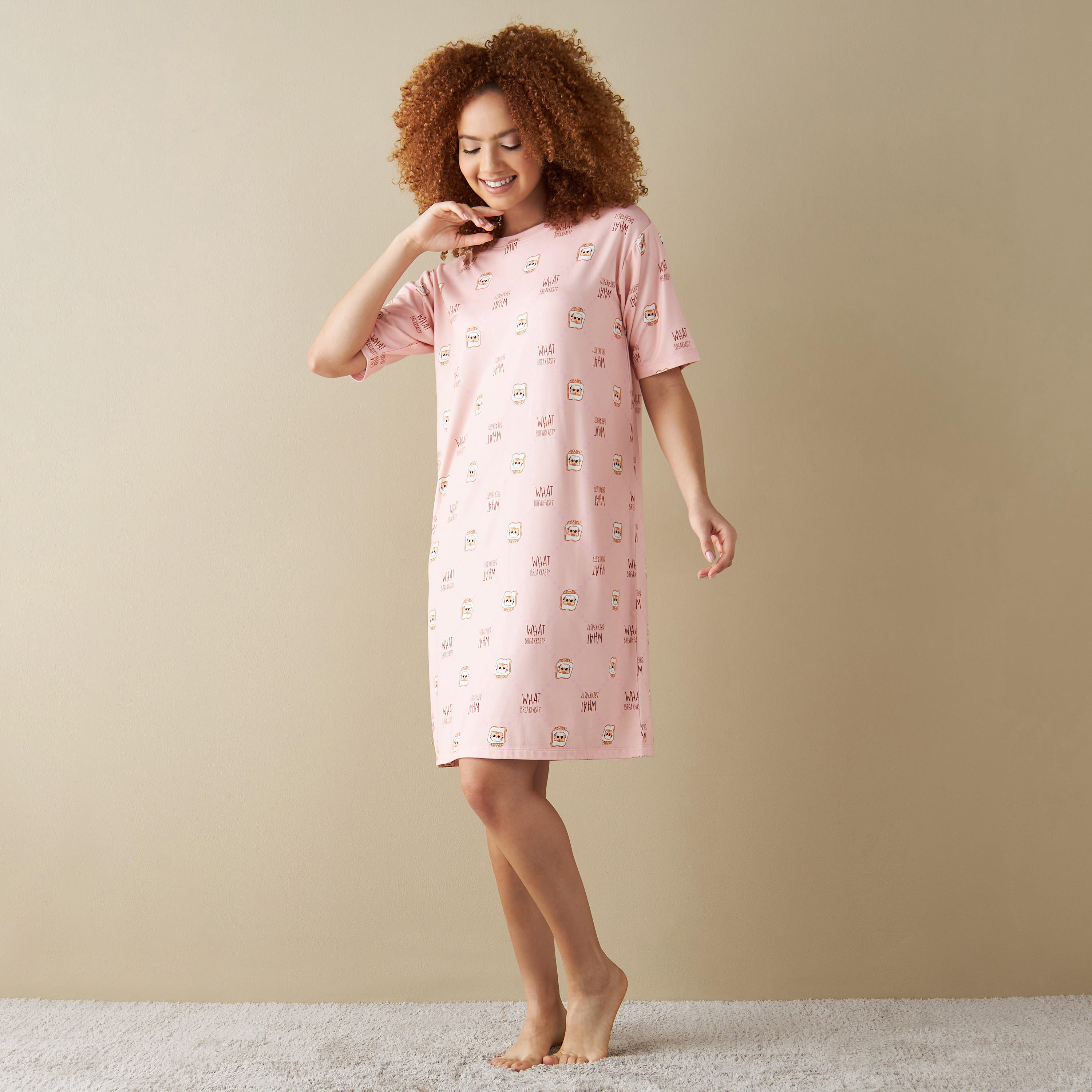قميص نوم بياقة مستديرة وأكمام قصيرة وطبعات - طقم من قطعتين-women-clothing-nightwear-nighties-image-6