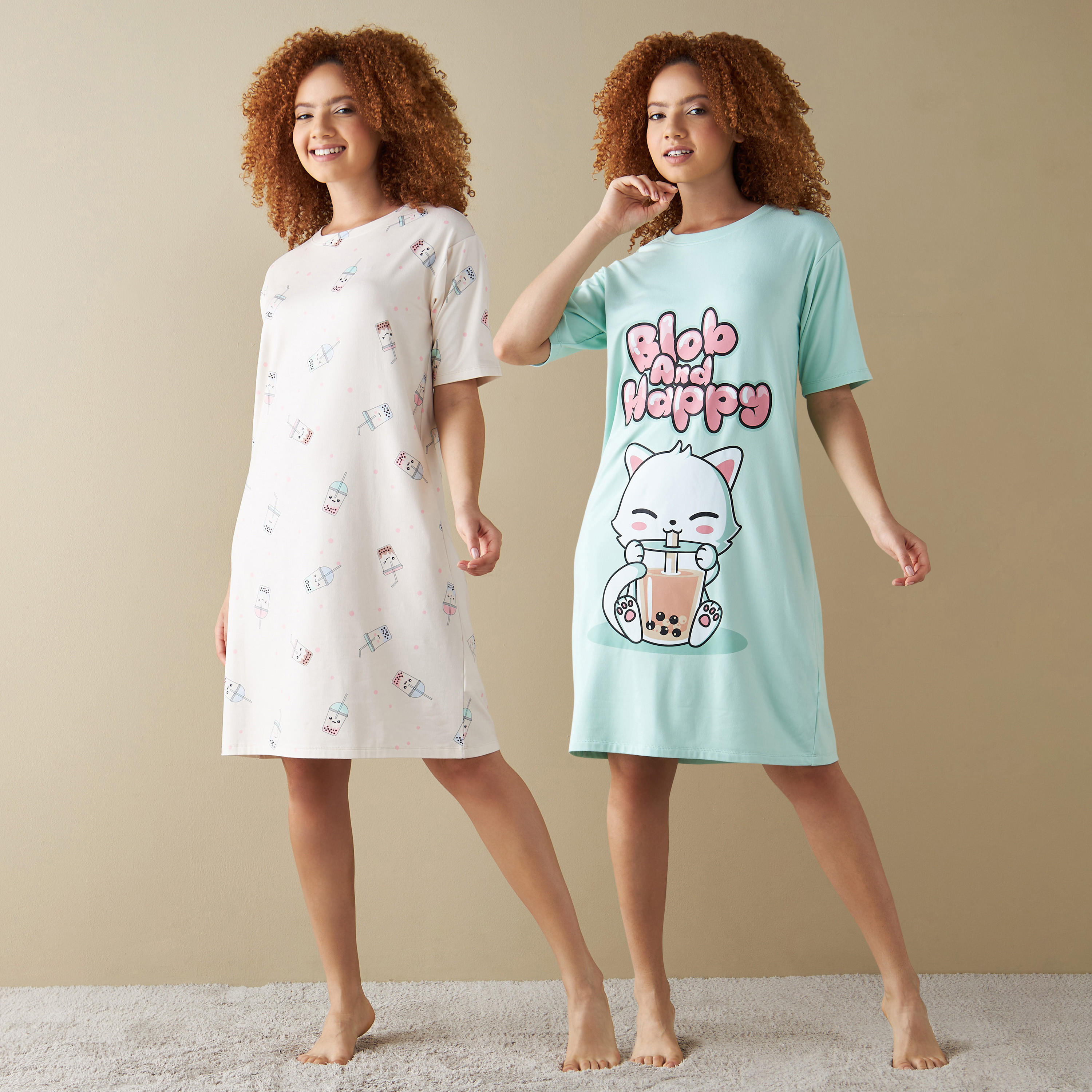 قميص نوم بياقة مستديرة وأكمام قصيرة وطبعات - طقم من قطعتين-women-clothing-nightwear-nighties-image-7