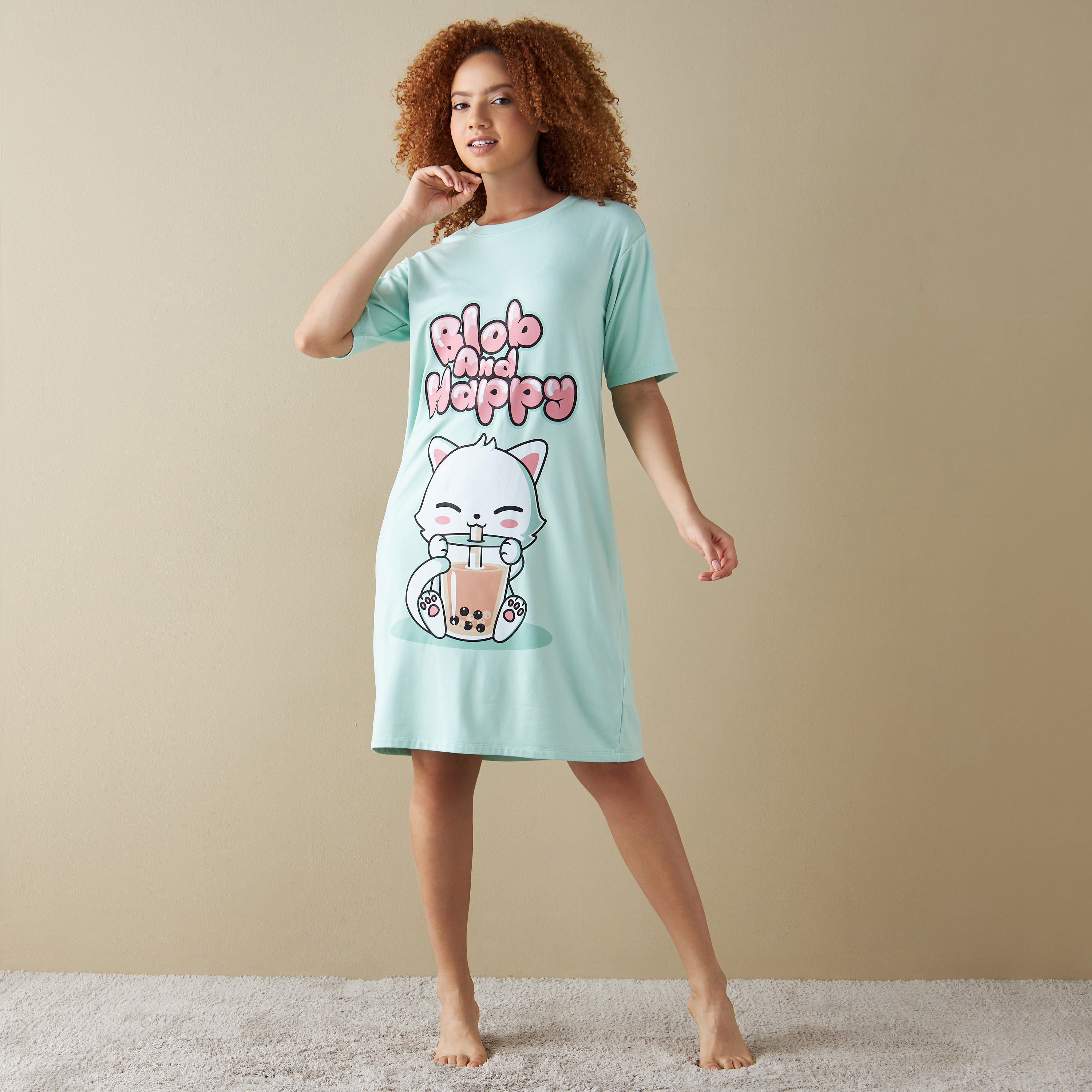 قميص نوم بياقة مستديرة وأكمام قصيرة وطبعات - طقم من قطعتين-women-clothing-nightwear-nighties-image-8