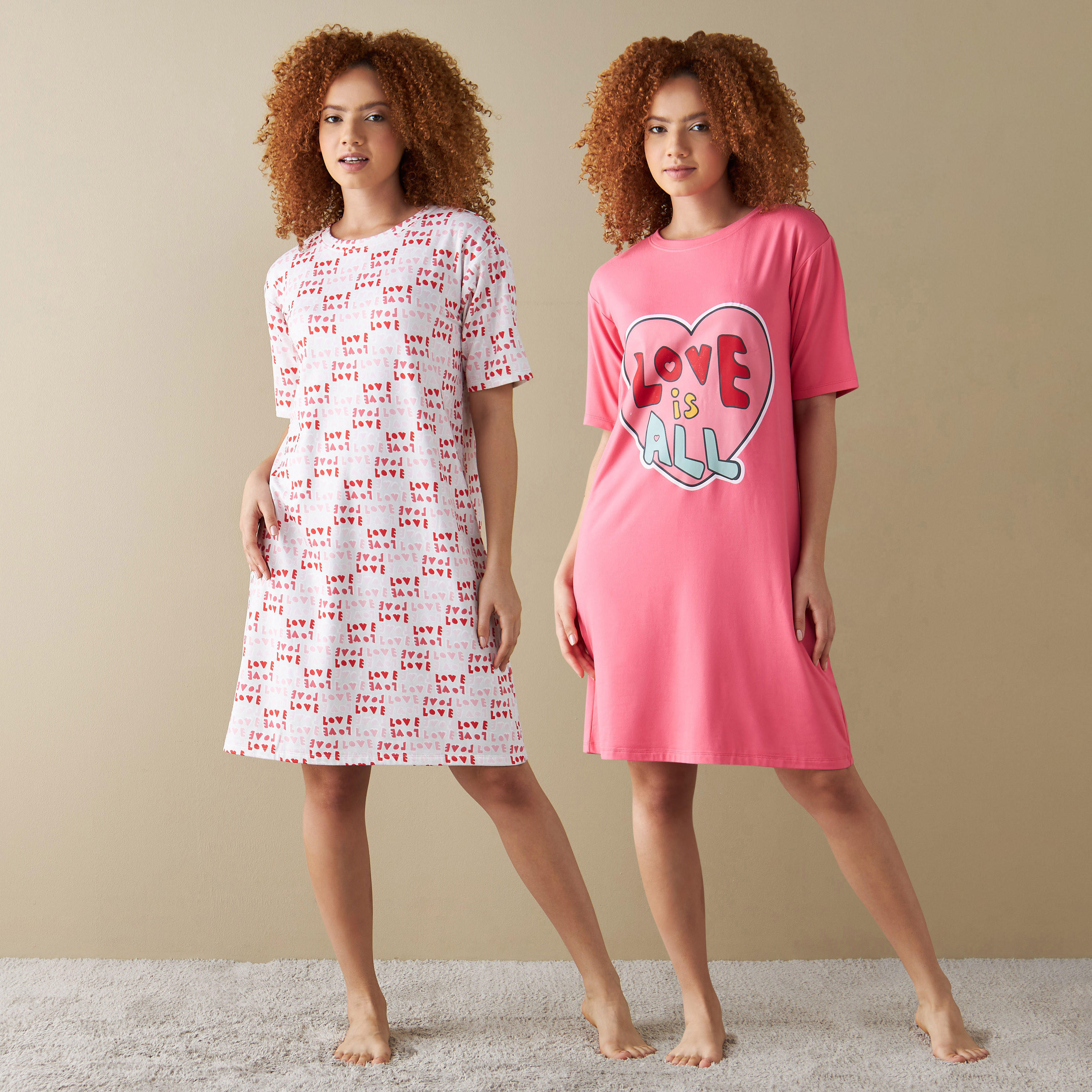 قميص نوم بياقة مستديرة وأكمام قصيرة وطبعات - طقم من قطعتين-women-clothing-nightwear-nighties-image-13