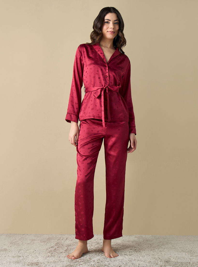قميص بتزيينات أوراق شجر وبنطلون بيجاما بحزام رباط-women-clothing-nightwear-pyjamas-longsets-image-1