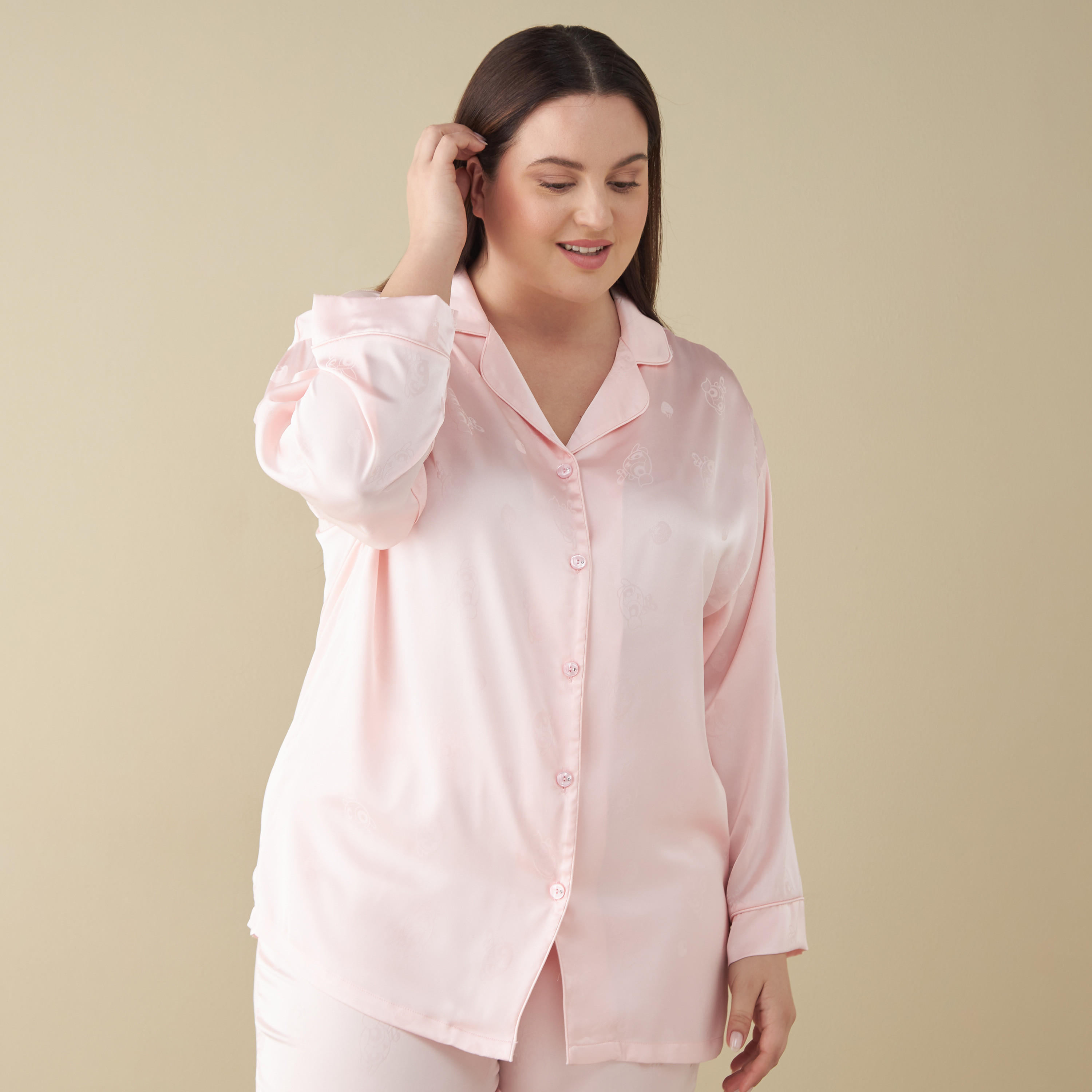 طقم بنطلون بيجاما وقميص مقاس كبير بطبعات-women-clothing-nightwear-pyjamas-longsets-image-2