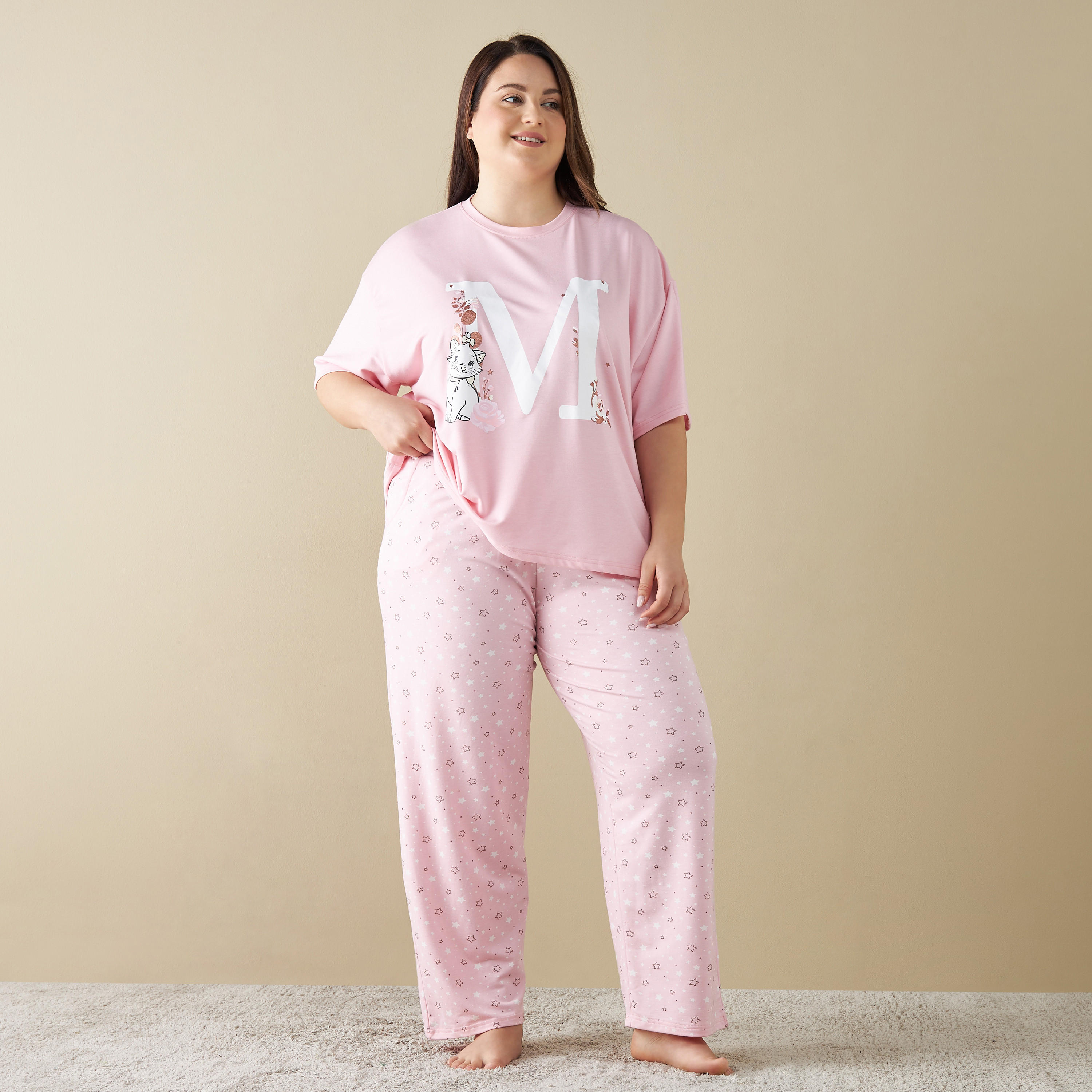 طقم بيجاما وتيشيرت بطبعات قطة ماري مقاس كبير-women-clothing-nightwear-pyjamas-longsets-image-1