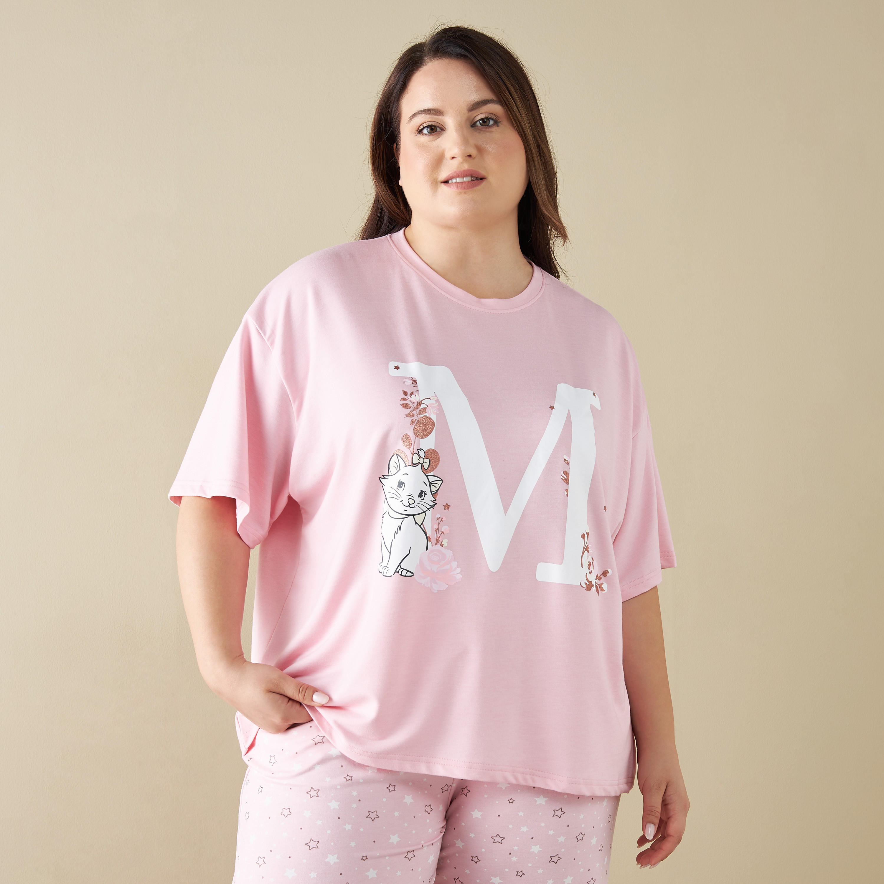 طقم بيجاما وتيشيرت بطبعات قطة ماري مقاس كبير-women-clothing-nightwear-pyjamas-longsets-image-2