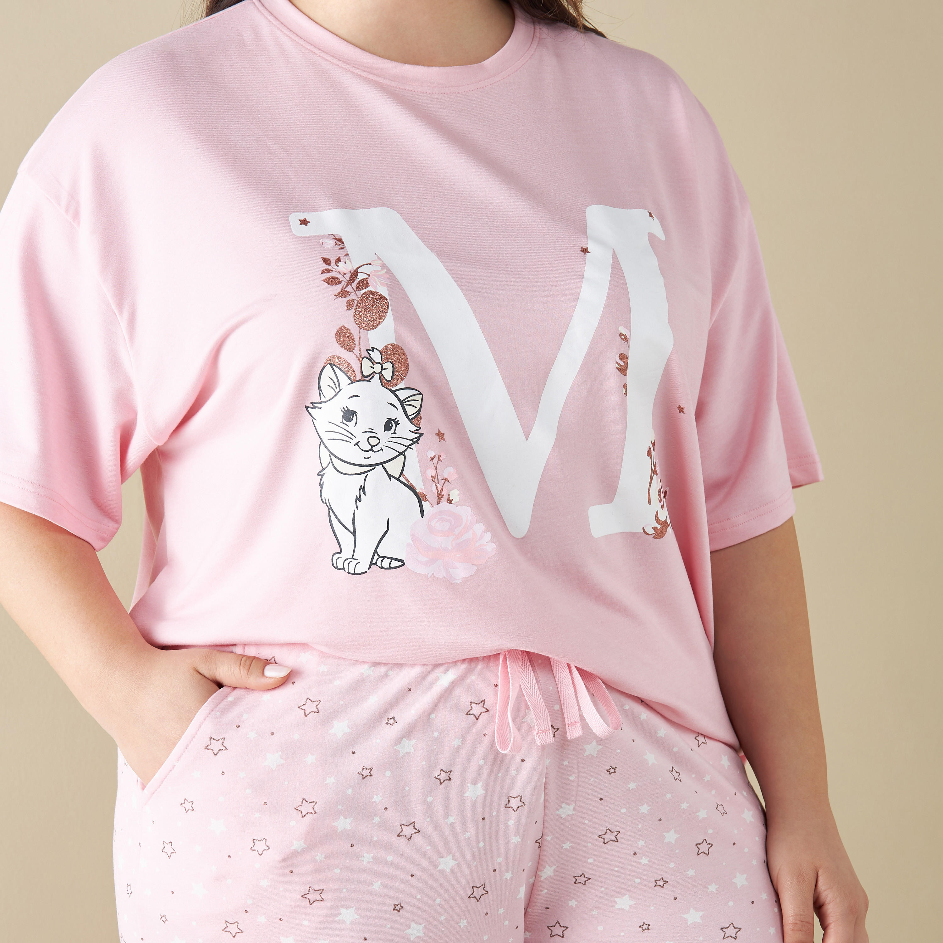 طقم بيجاما وتيشيرت بطبعات قطة ماري مقاس كبير-women-clothing-nightwear-pyjamas-longsets-image-5