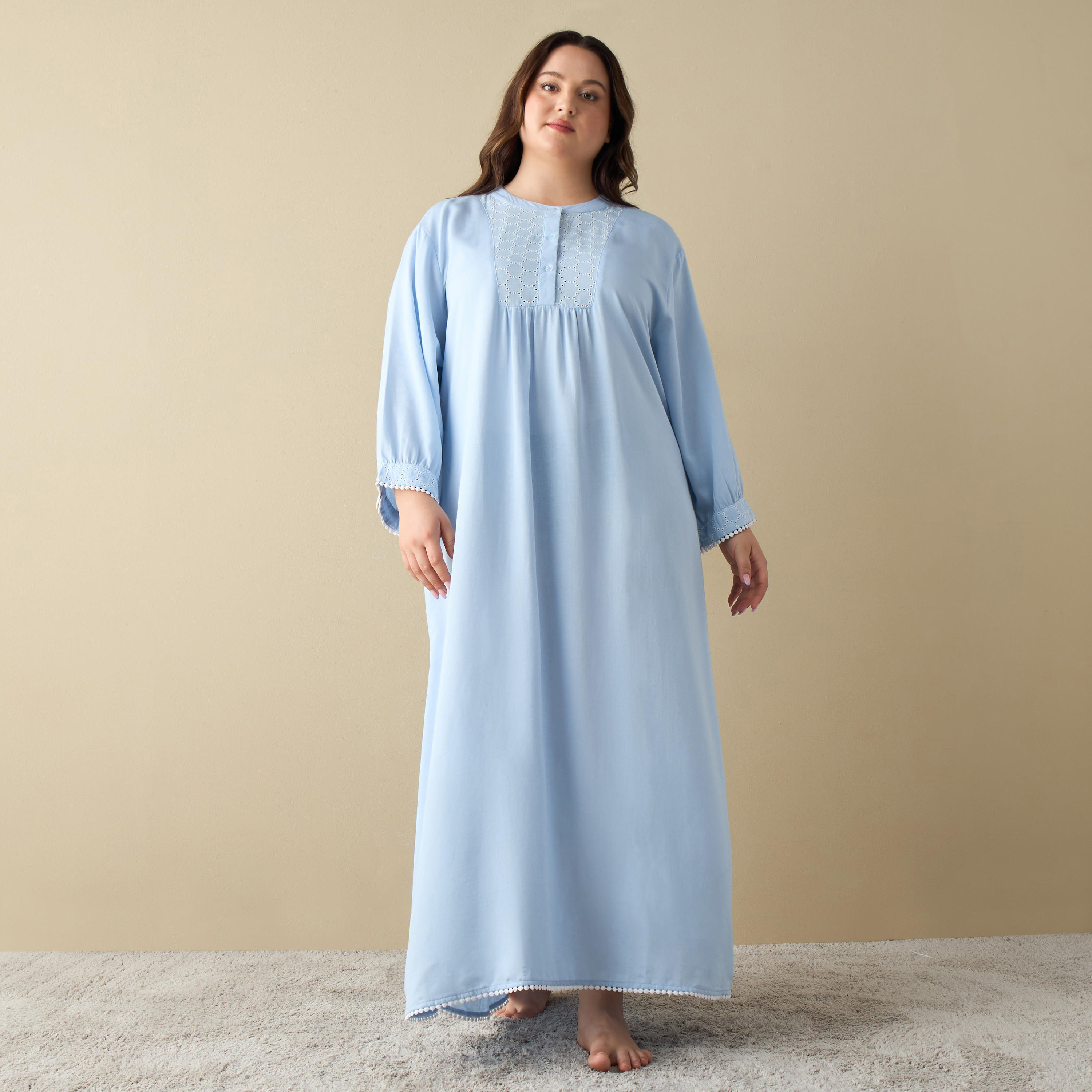 قميص نوم دنيم سادة مقاس كبير بأكمام طويلة-women-clothing-nightwear-nighties-image-4