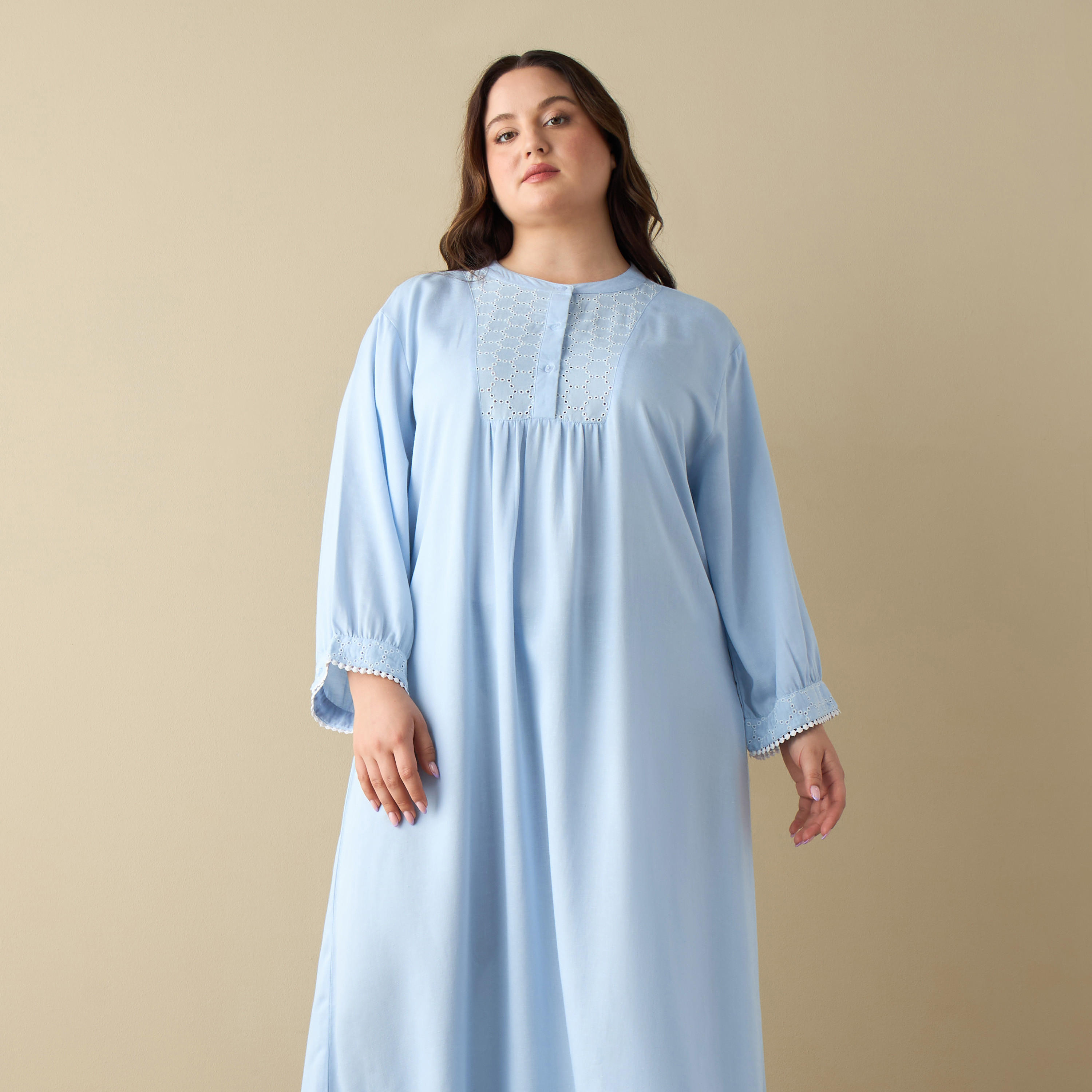 قميص نوم دنيم سادة مقاس كبير بأكمام طويلة-women-clothing-nightwear-nighties-image-3