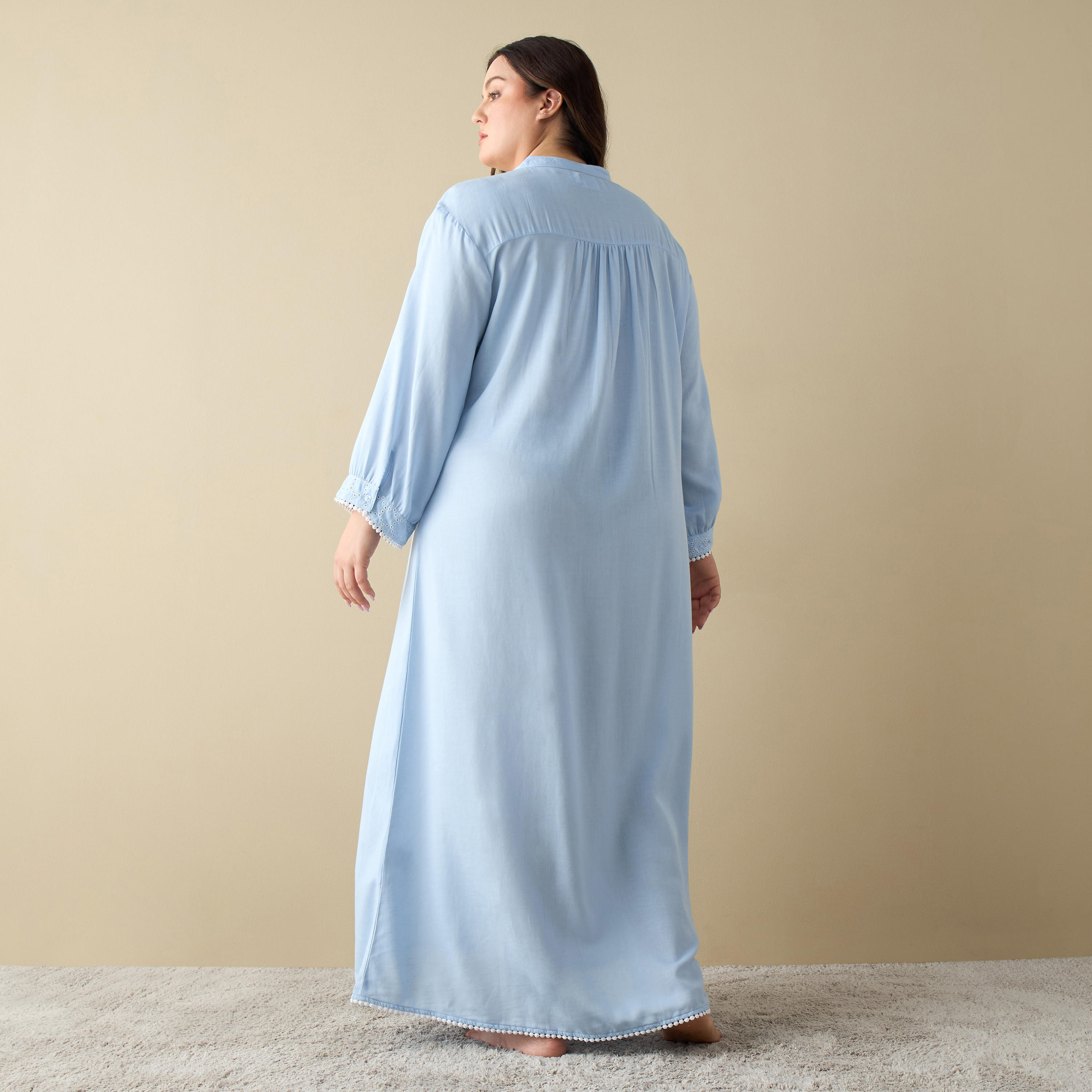 قميص نوم دنيم سادة مقاس كبير بأكمام طويلة-women-clothing-nightwear-nighties-image-2