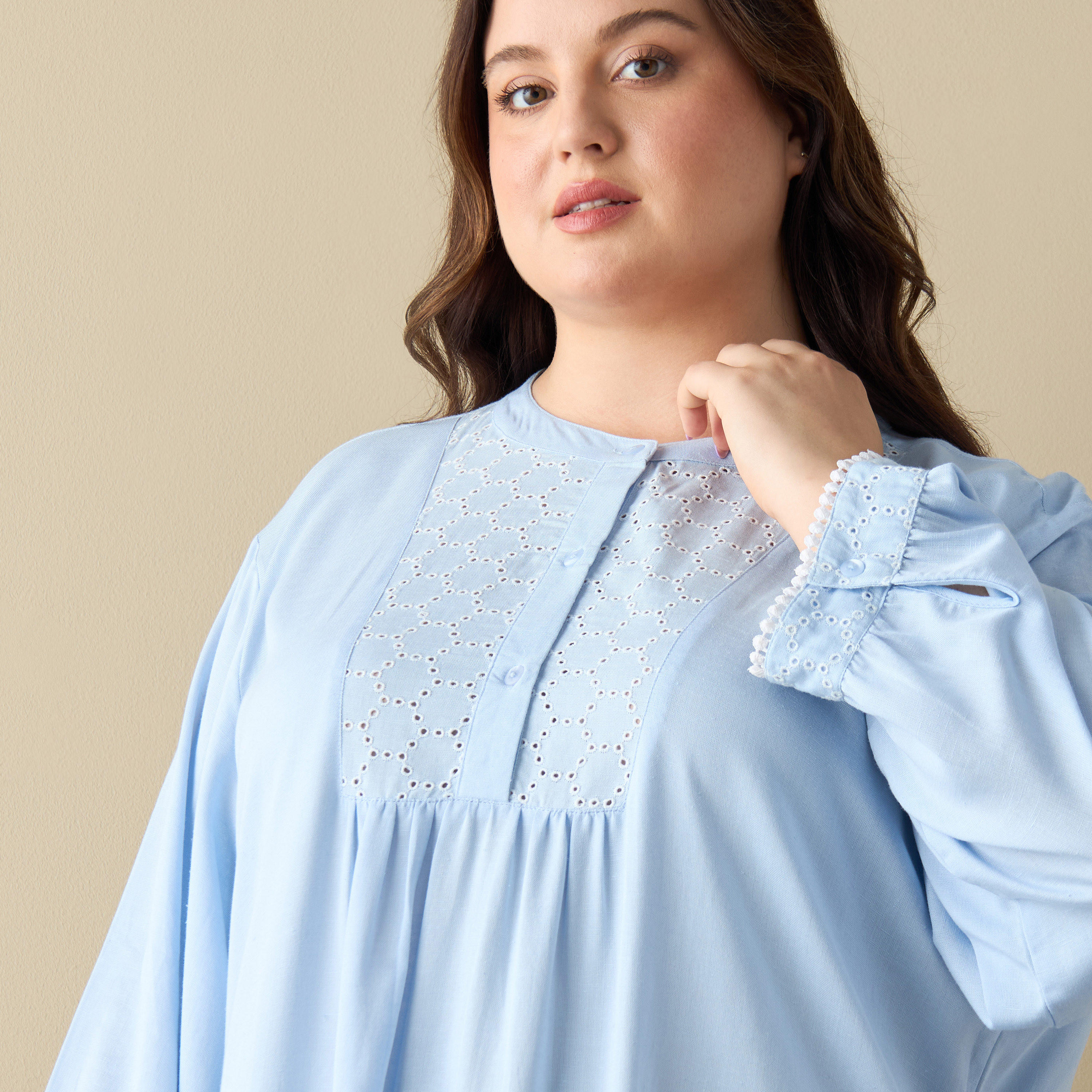 قميص نوم دنيم سادة مقاس كبير بأكمام طويلة-women-clothing-nightwear-nighties-image-1