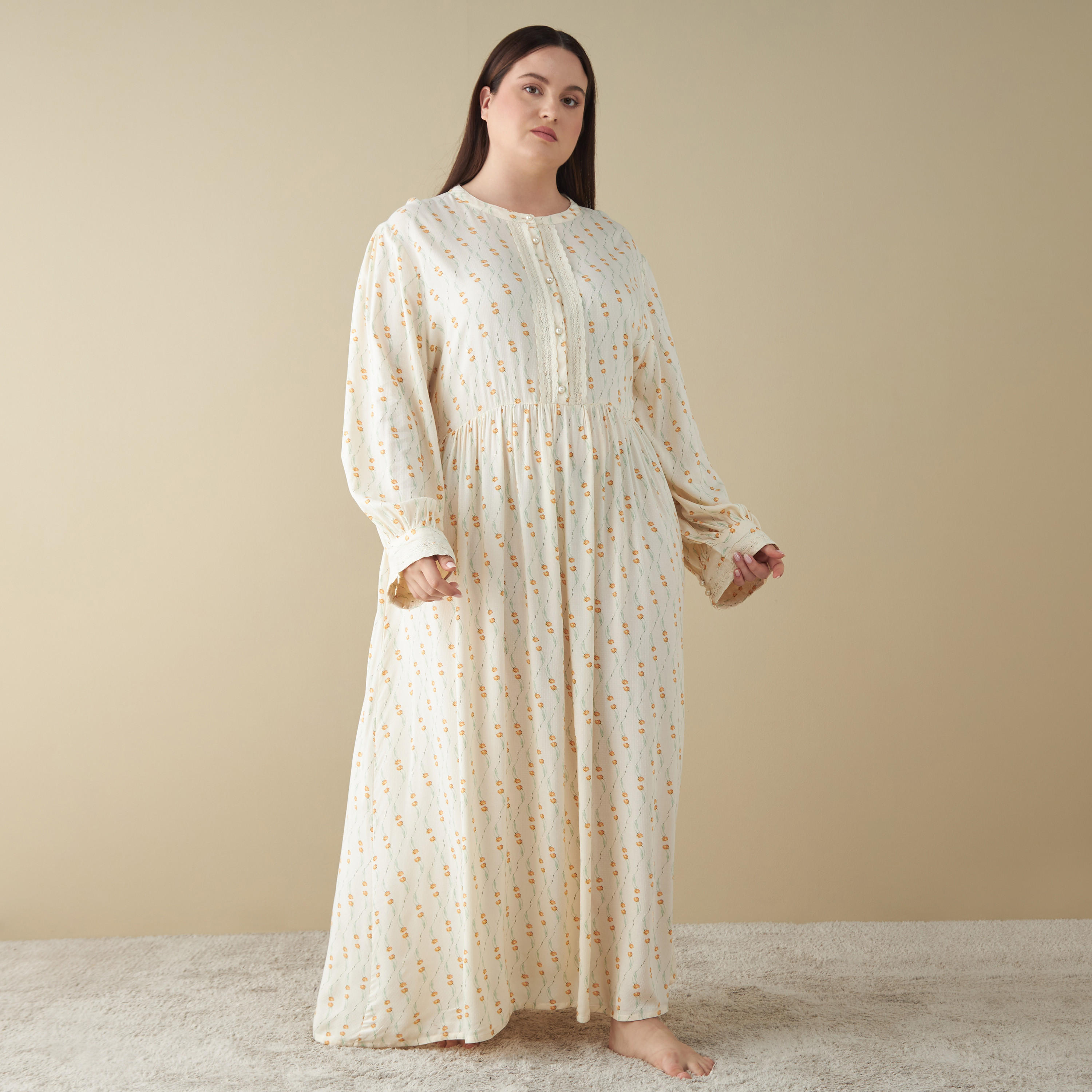 ثوب نوم بأكمام طويلة وطبعات وياقة مستديرة-women-clothing-nightwear-nighties-image-2