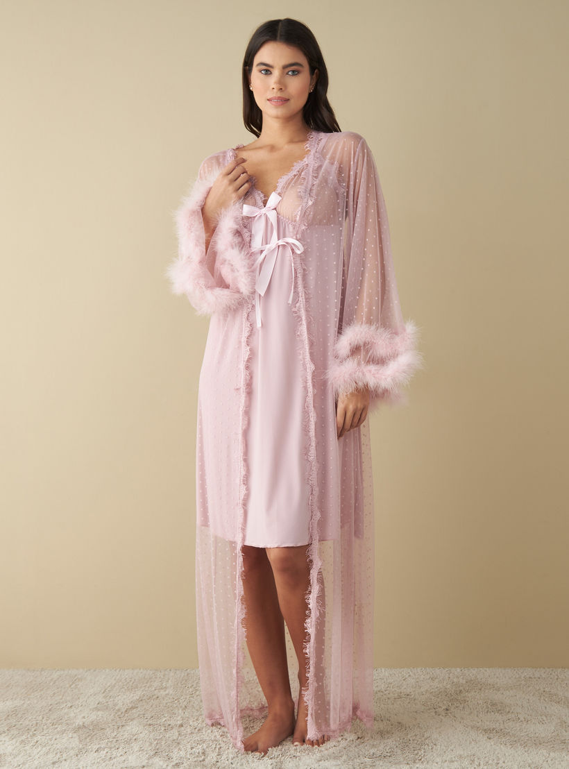 طقم فستان سهل الارتداء بتفاصيل دانتيل مع روب-women-clothing-nightwear-nighties-image-1