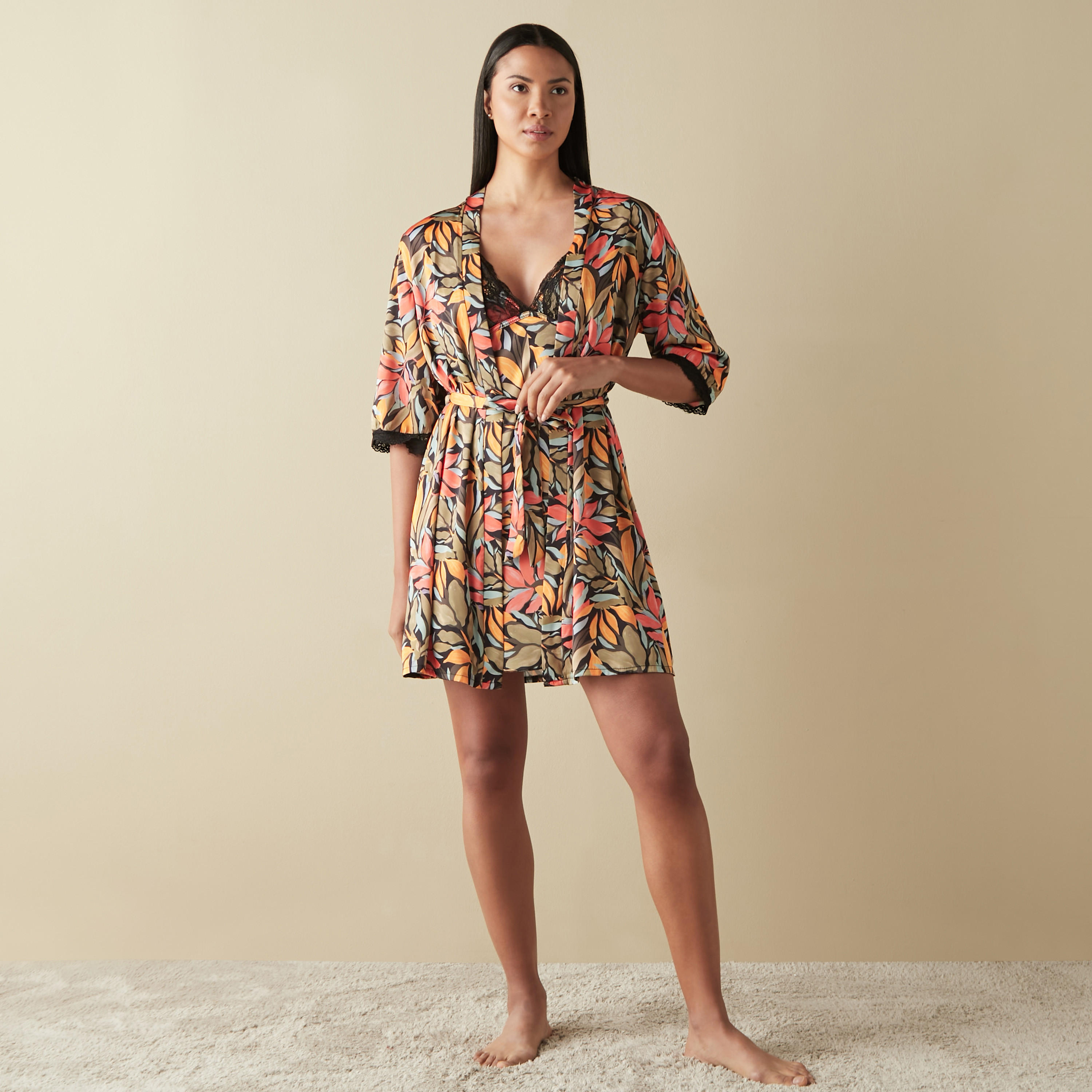 All-Over Print Slip Dress and Robe Set-women-clothing-nightwear-nighties-image-2