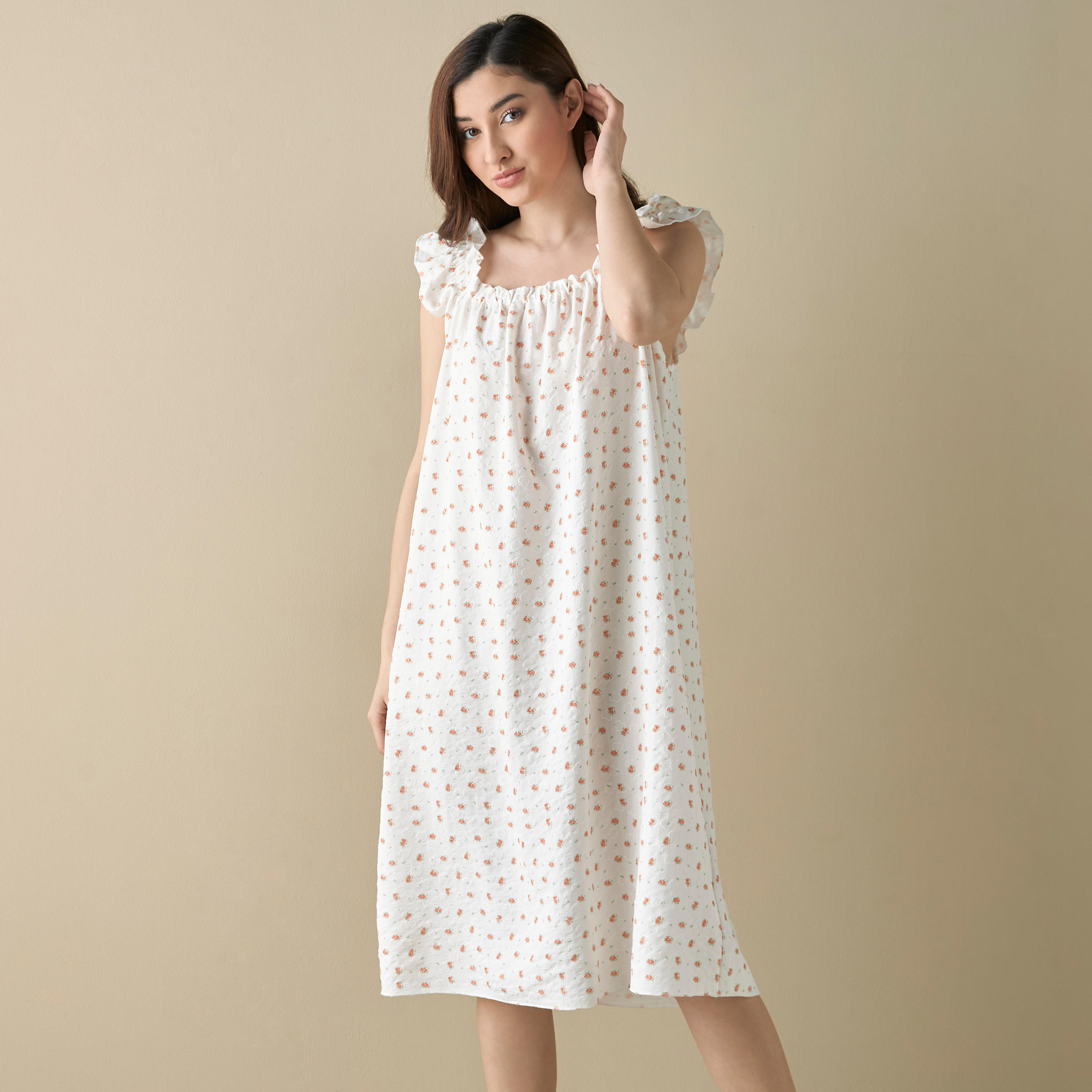 قميص نوم بطبعات أزهار وأكمام كشكش-women-clothing-nightwear-nighties-image-1