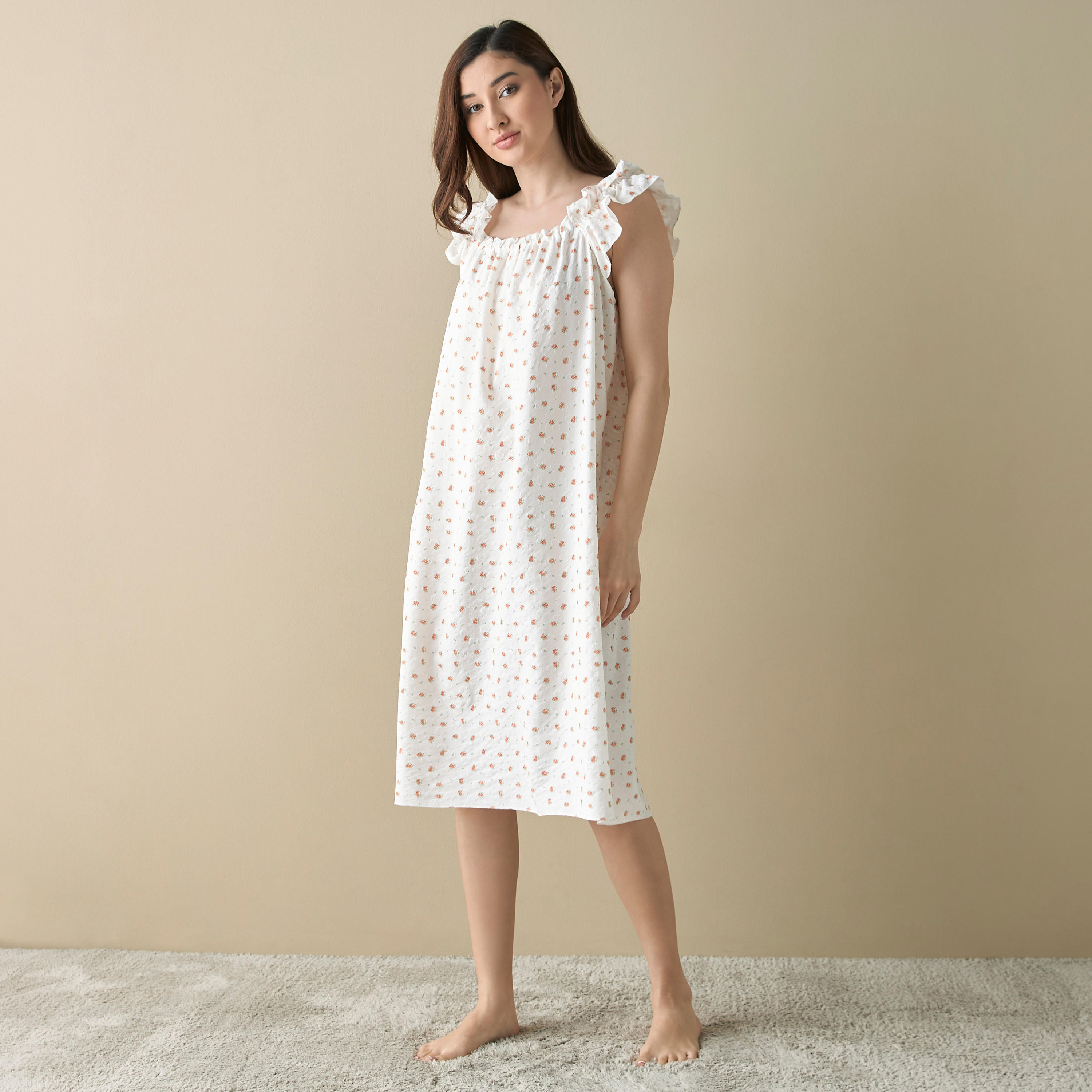 قميص نوم بطبعات أزهار وأكمام كشكش-women-clothing-nightwear-nighties-image-2