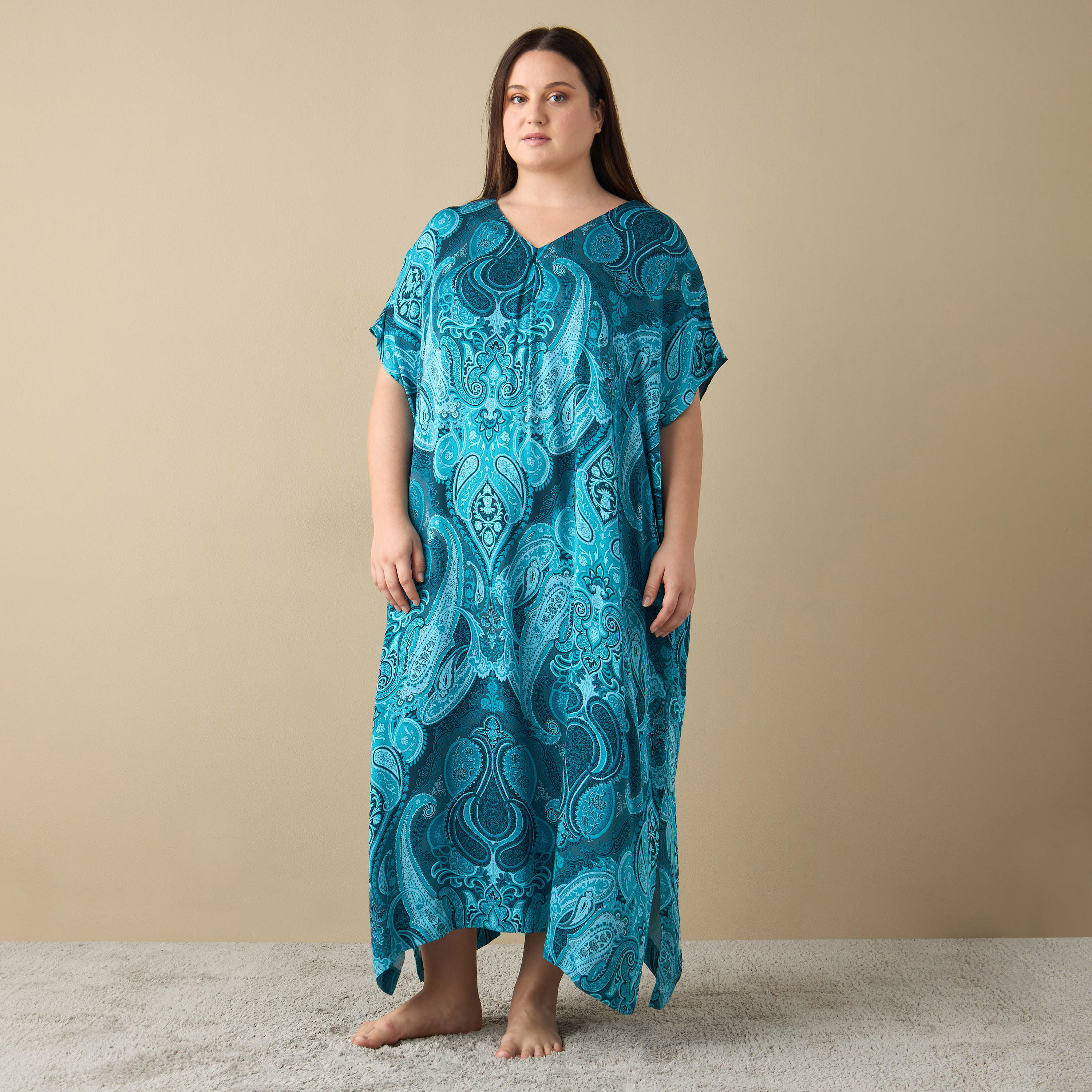 ثوب نوم قفطان بياقة V وطبعات-women-clothing-nightwear-nighties-image-3