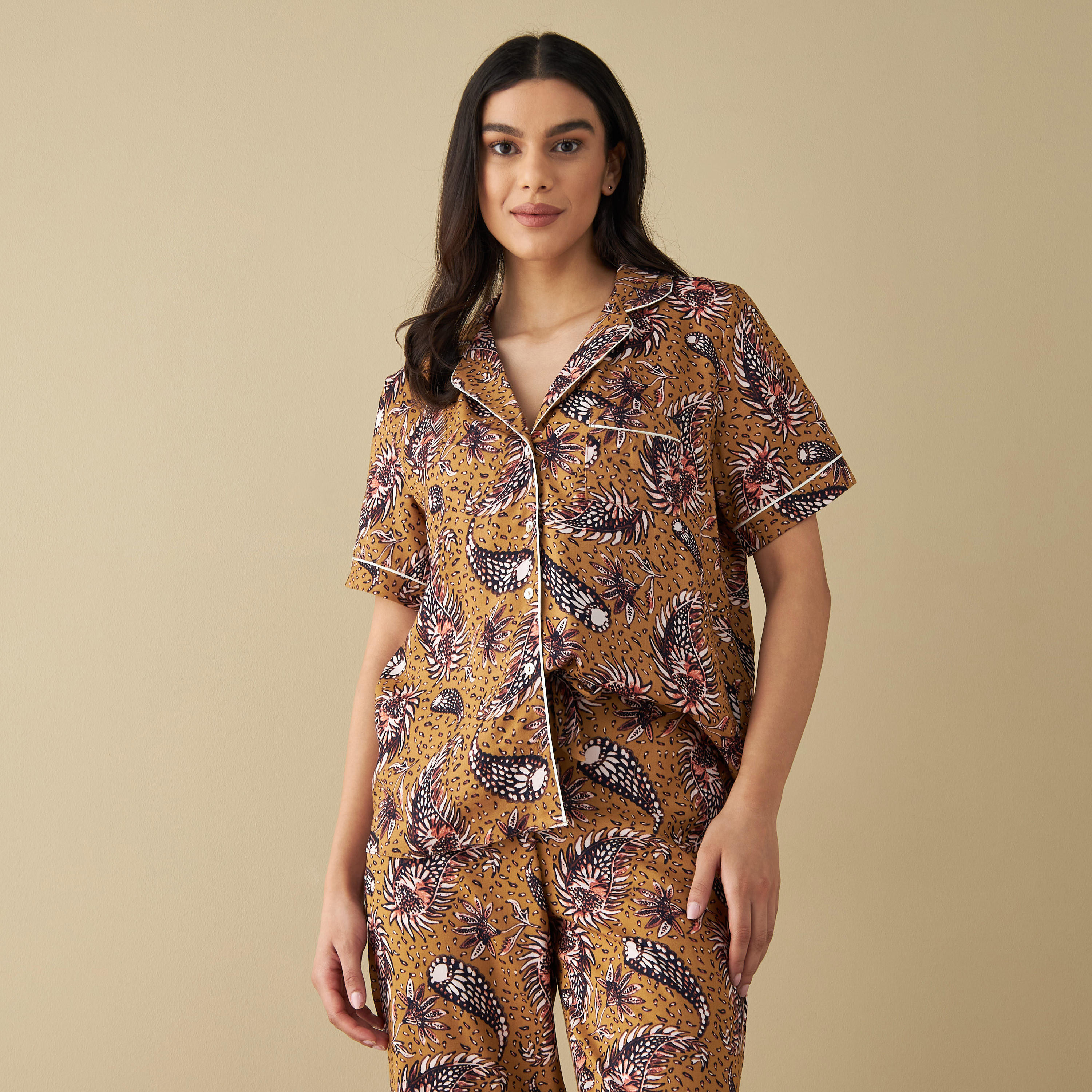 طقم بنطلون بيجاما وقميص بطبعات بيزلي-women-clothing-nightwear-pyjamas-longsets-image-2