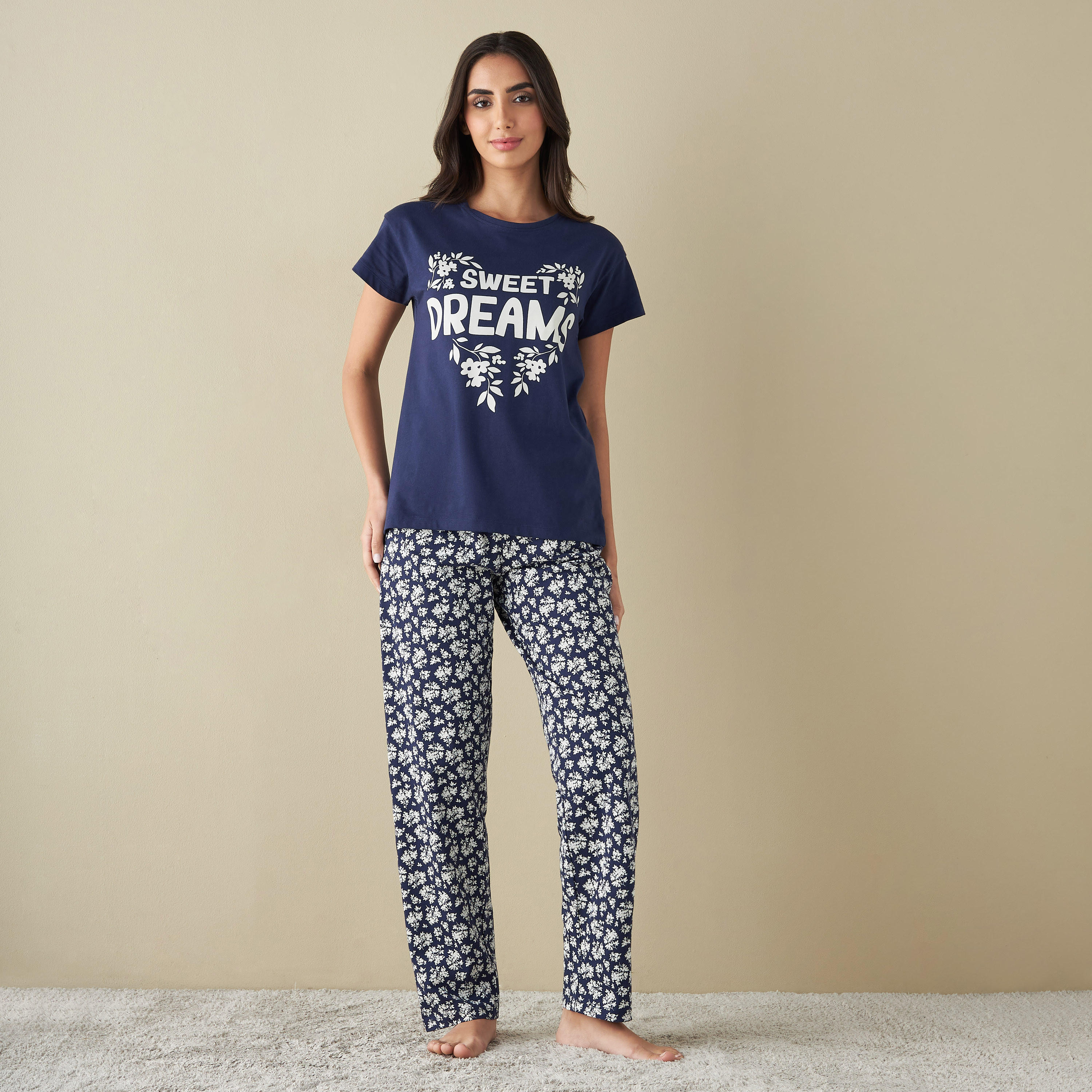 All-Over Floral Print T-shirt and Pyjama Set-women-clothing-nightwear-pyjamas-longsets-image-1