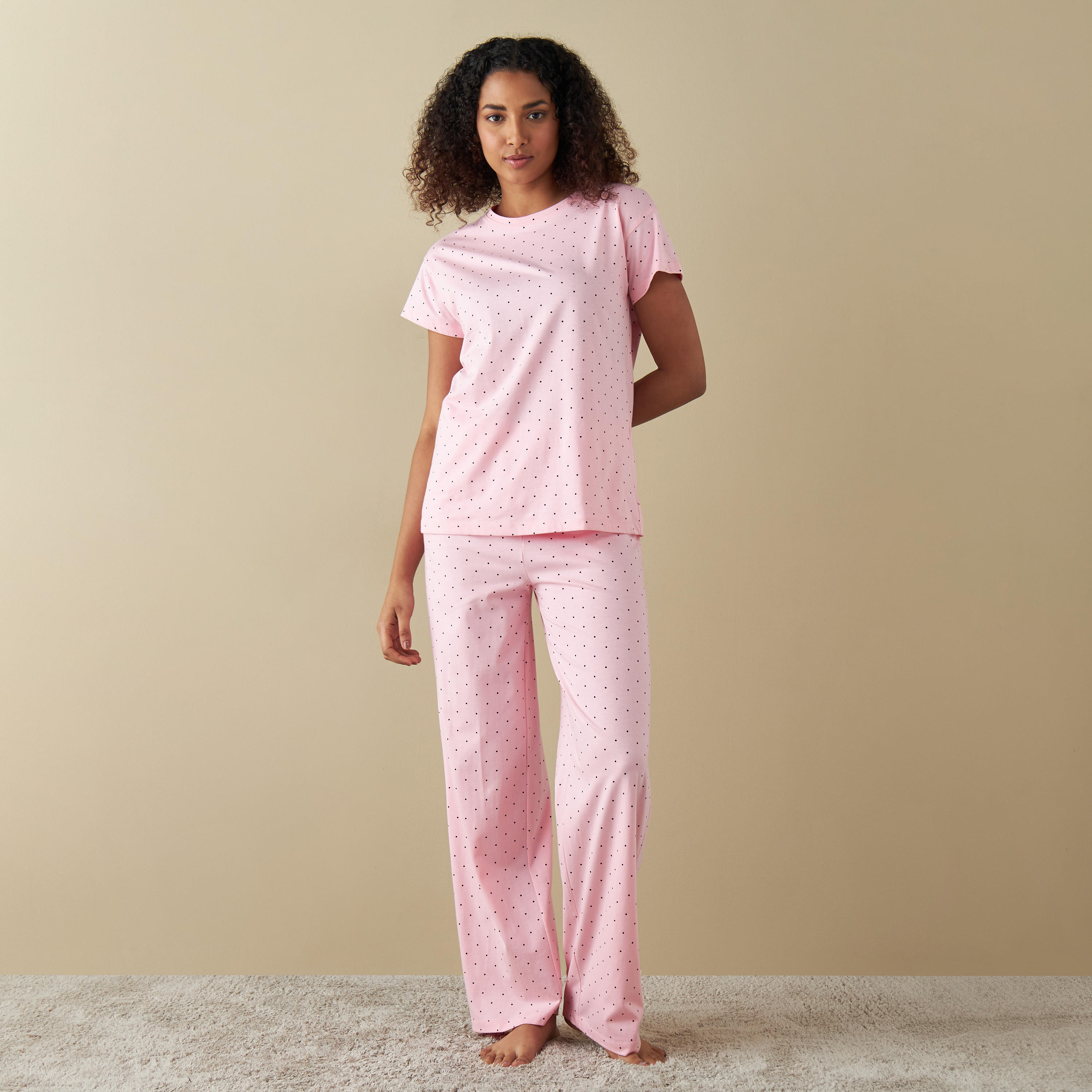 All-Over Polka Dot Print T-shirt and Pyjama Set-women-clothing-nightwear-pyjamas-longsets-image-1