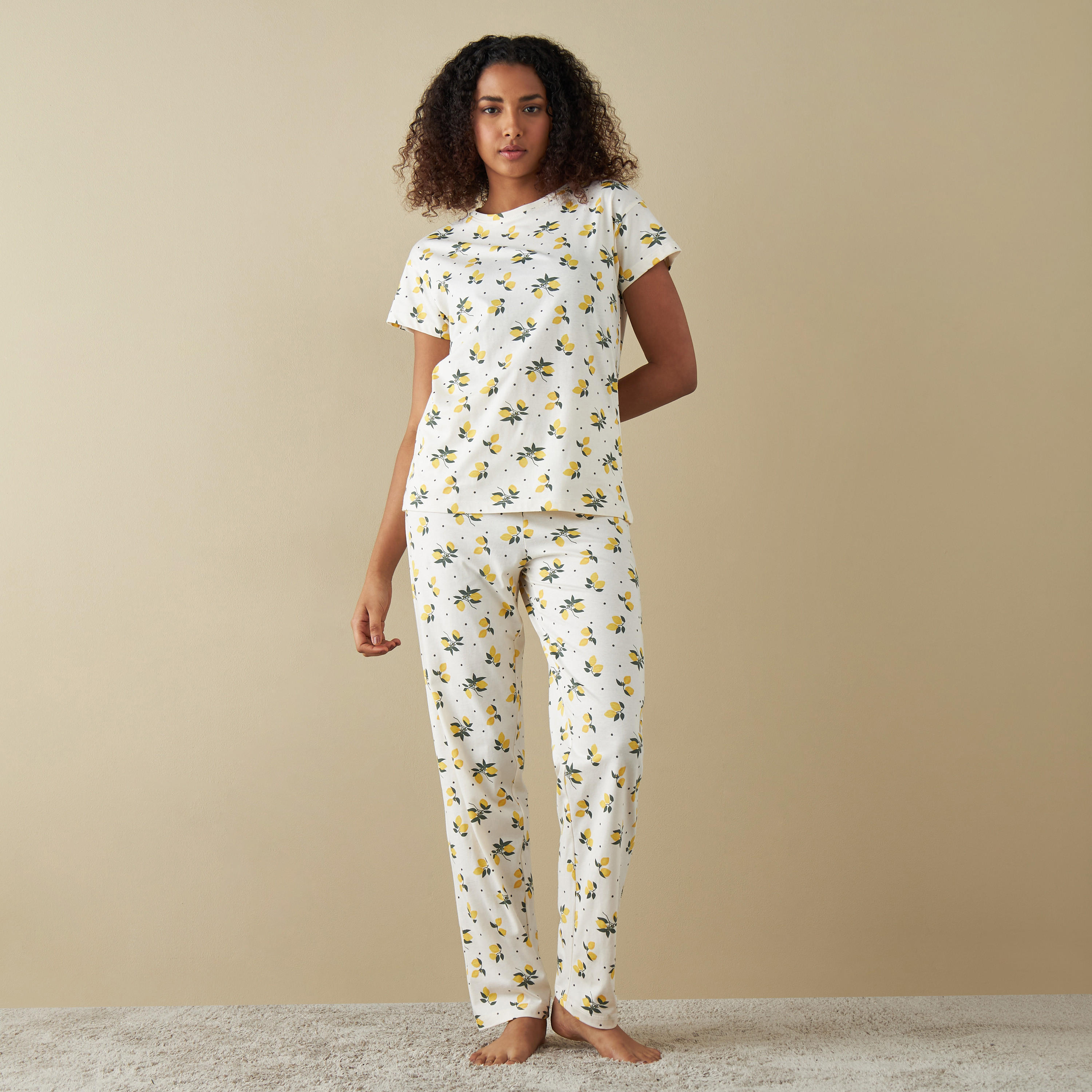 All-Over Lemon Print T-shirt and Pyjama Set-women-clothing-nightwear-pyjamas-longsets-image-1