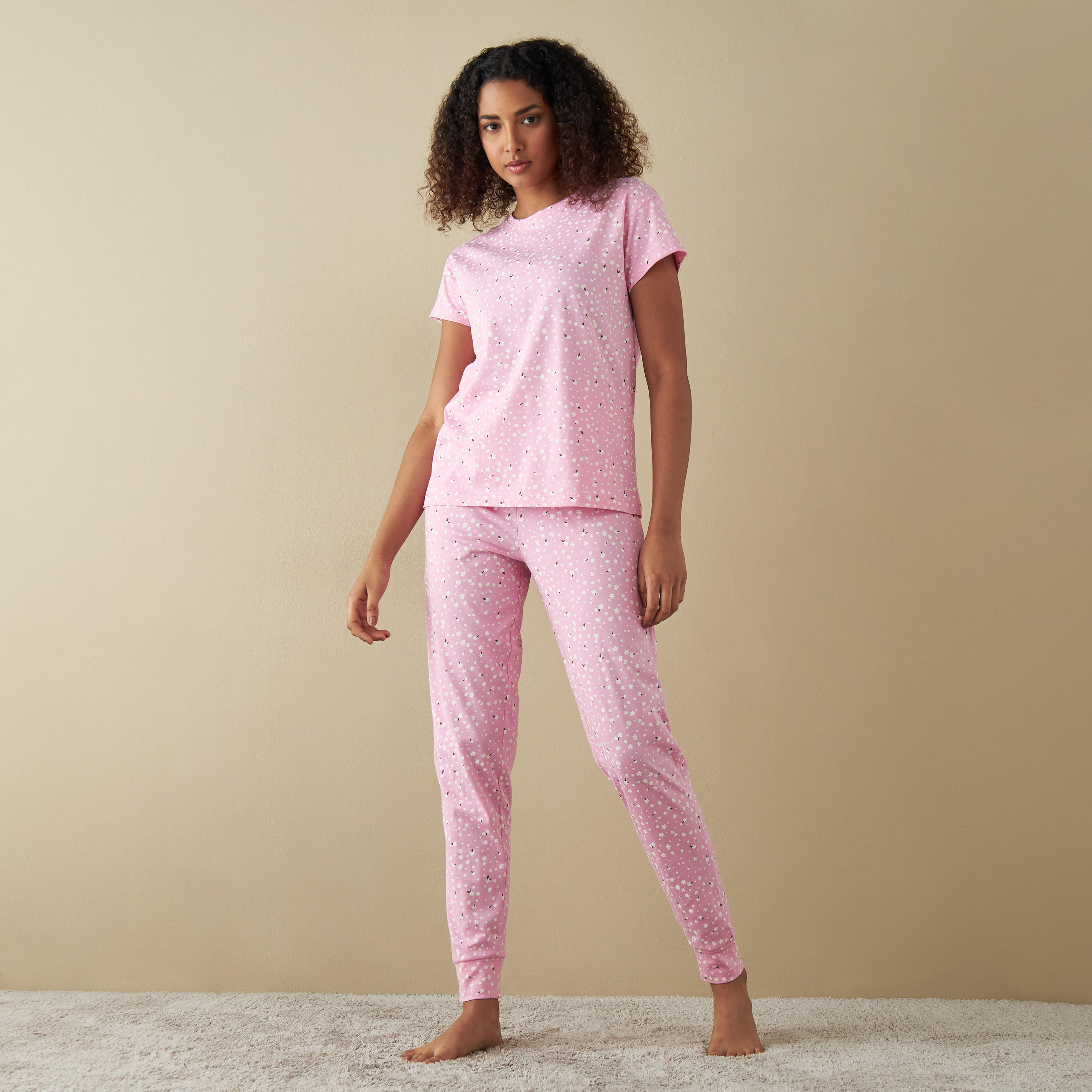 All-Over Floral Print T-shirt and Pyjama Set-women-clothing-nightwear-pyjamas-longsets-image-1