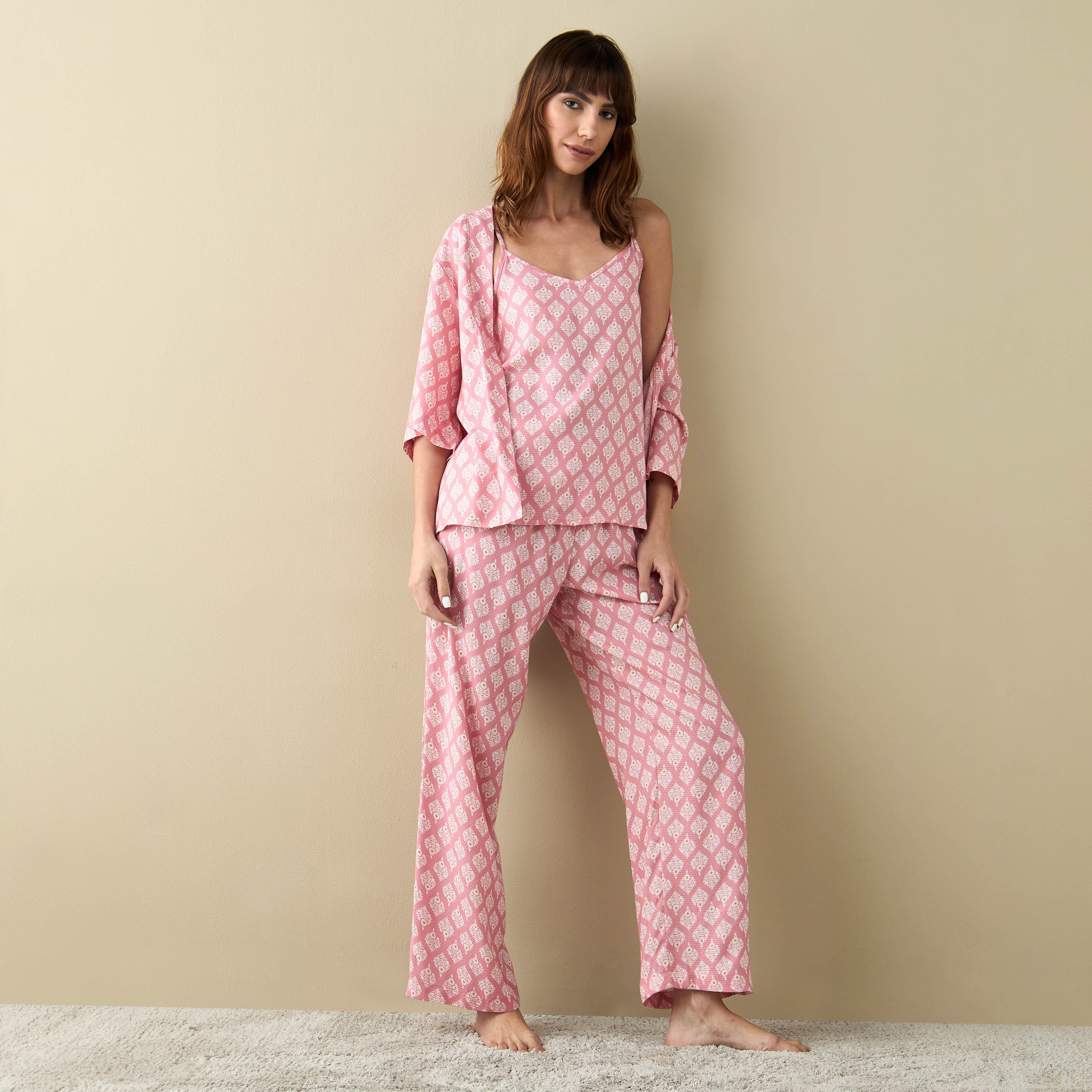 طقم روب مع بلوزة وبنطلون بيجاما بطبعات أوراق شجر-women-clothing-nightwear-pyjamas-longsets-image-2
