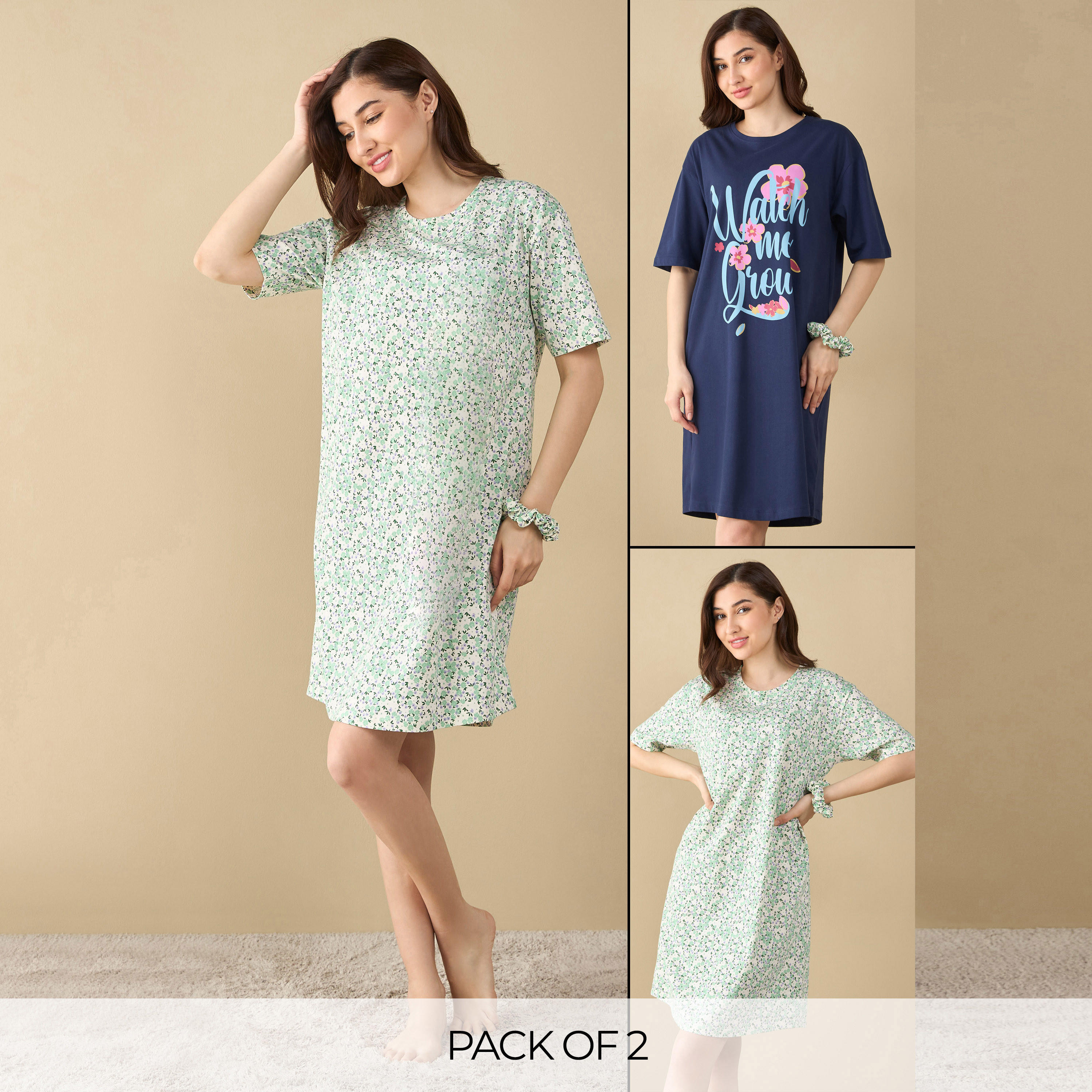 قميص نوم بأكمام قصيرة وطبعات زهرية - طقم من قطعتين-women-clothing-nightwear-nighties-image-1