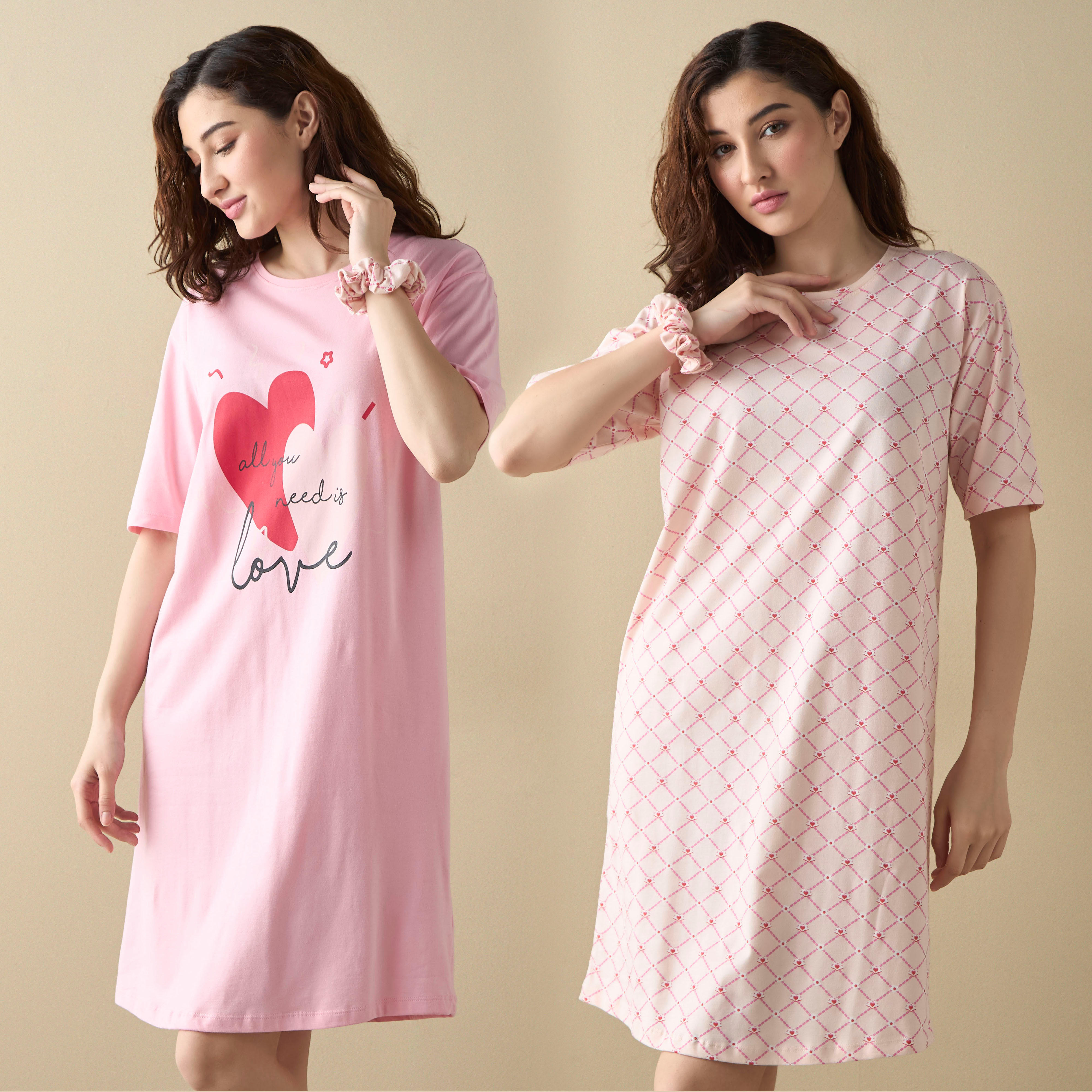 قمصان نوم بأكمام قصيرة وطبعات - طقم قطعتين-women-clothing-nightwear-nighties-image-1
