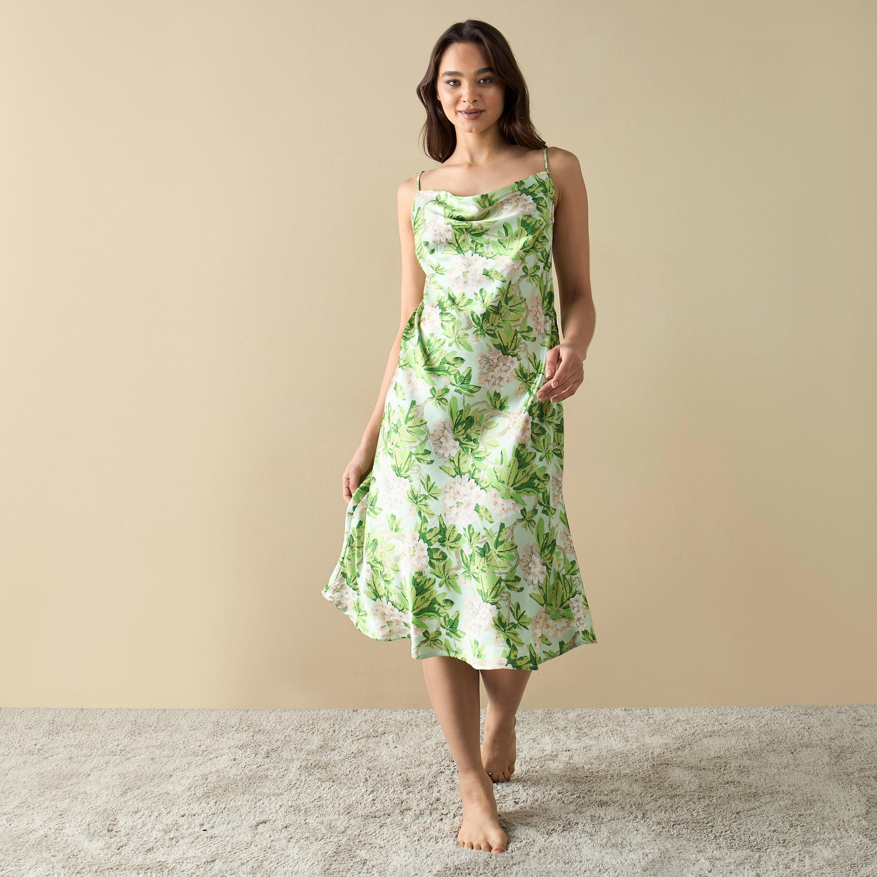 All-Over Floral Print Slip Dress with Cowl Neck and Spaghetti Straps-women-clothing-nightwear-nighties-image-2