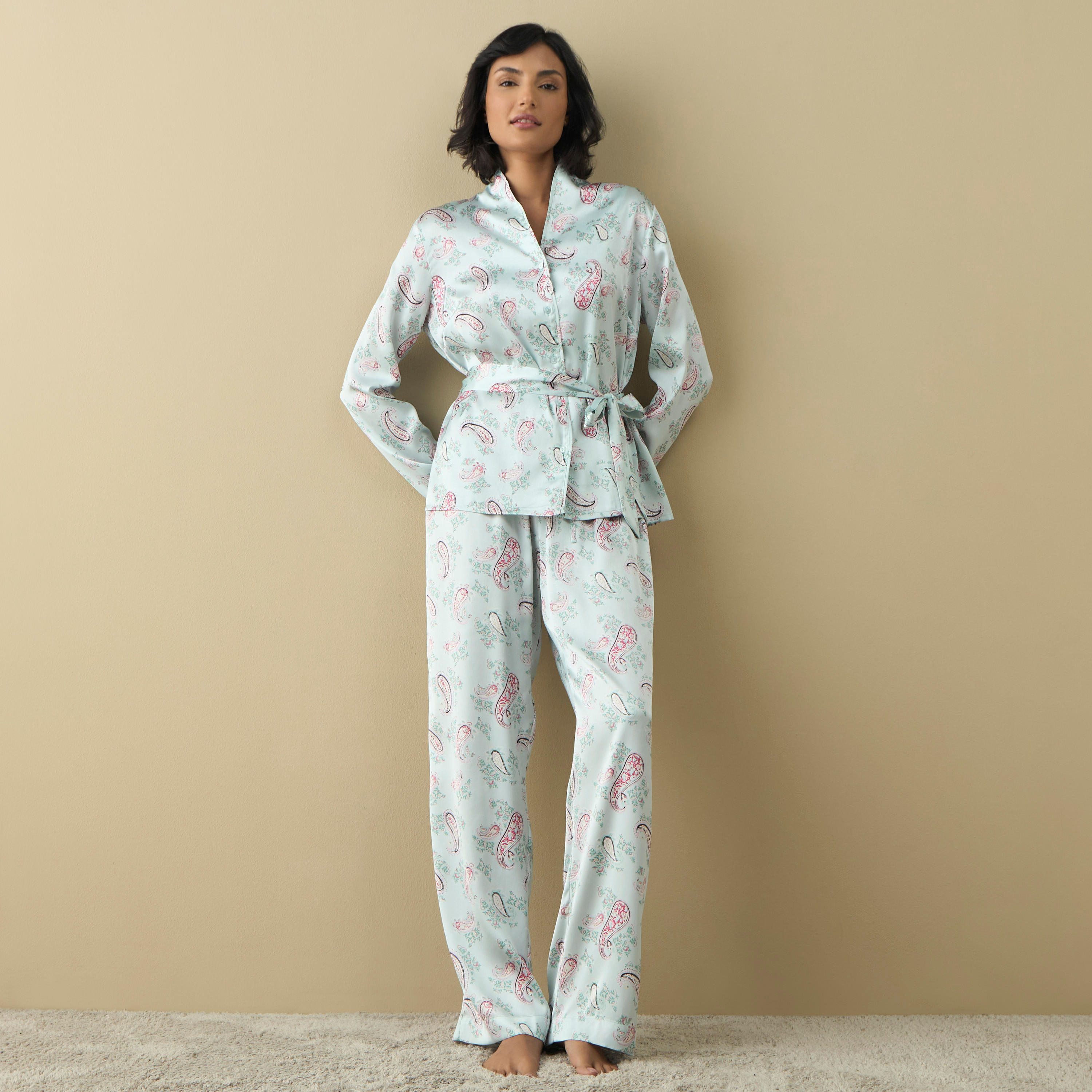 طقم بنطلون بيجاما وقميص بطبعات بيزلي وأربطة-women-clothing-nightwear-pyjamas-longsets-image-1