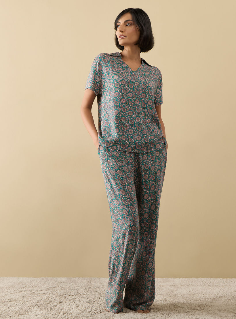 طقم بنطلون بيجاما وقميص نوم بطبعات بيزلي-women-clothing-nightwear-pyjamas-longsets-image-1