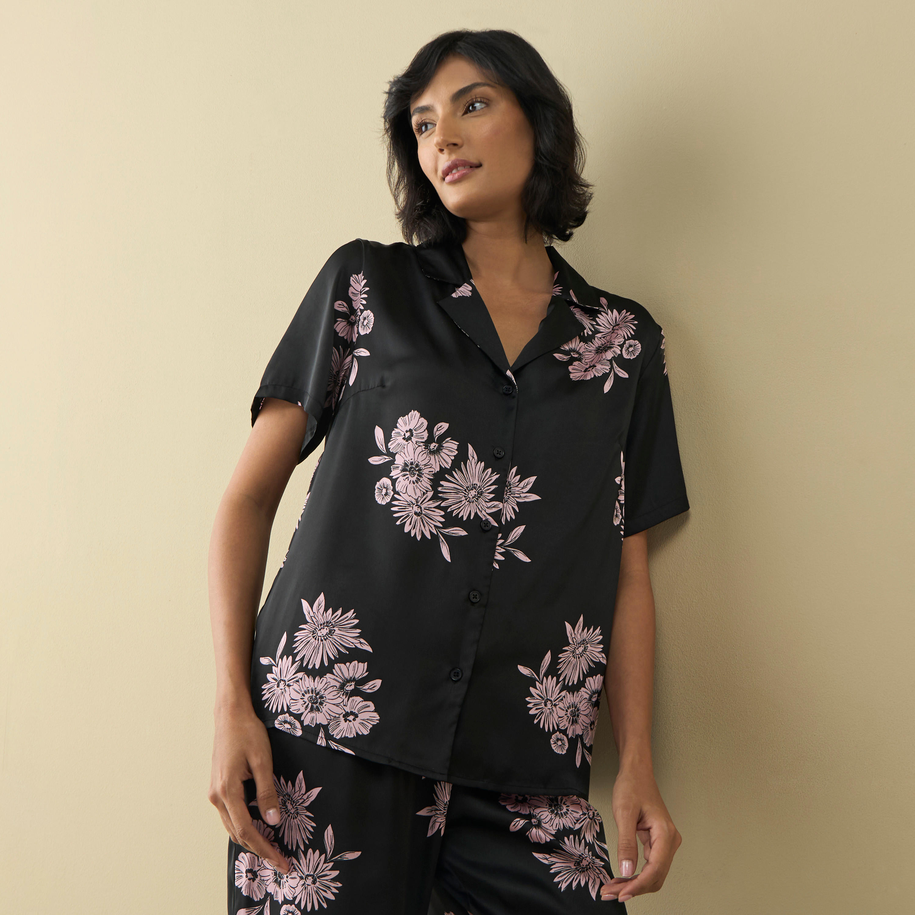 طقم بنطلون بيجاما وقميص بطبعات أزهار-women-clothing-nightwear-pyjamas-longsets-image-2