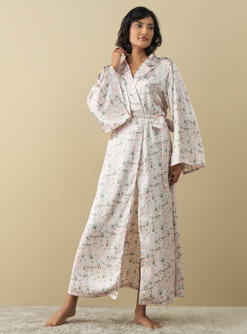 روب بياقة مطوية وحزام ربط وطبعات أزهار-women-clothing-nightwear-robes-image-2