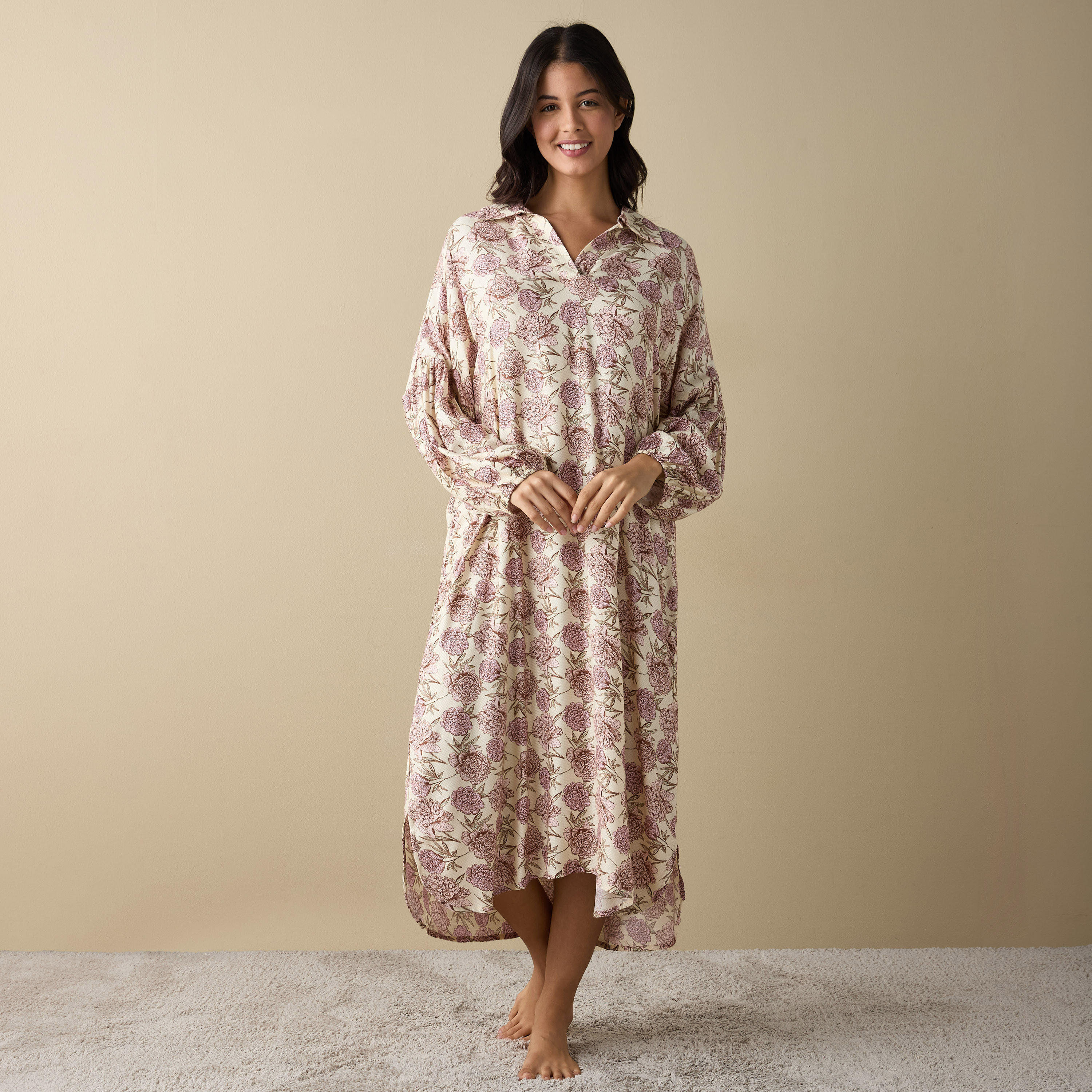 قميص نوم بأكمام طويلة وطبعات أزهار-women-clothing-nightwear-nighties-image-1