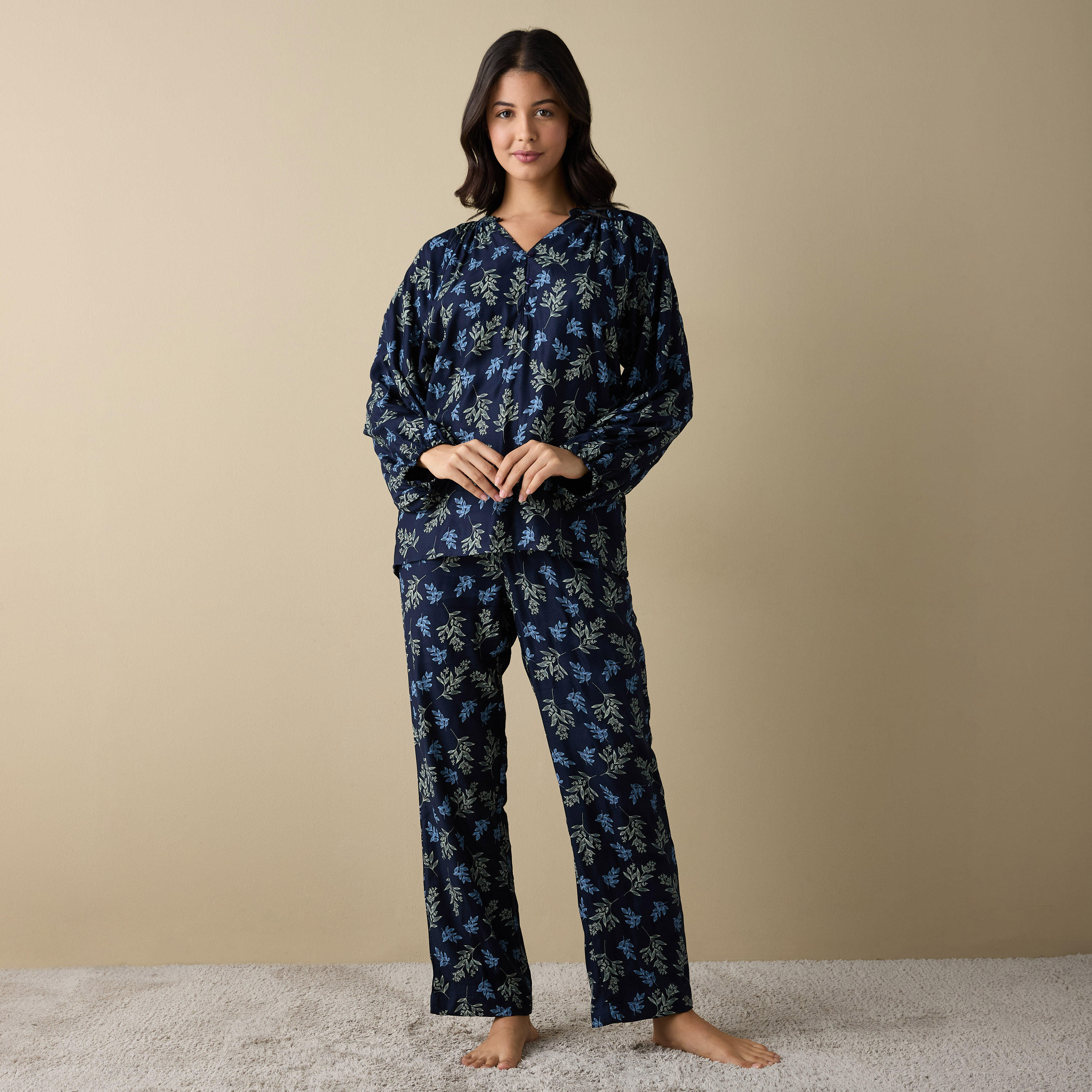All-Over Leaf Print Shirt and Pyjama Set-women-clothing-nightwear-pyjamas-longsets-image-1