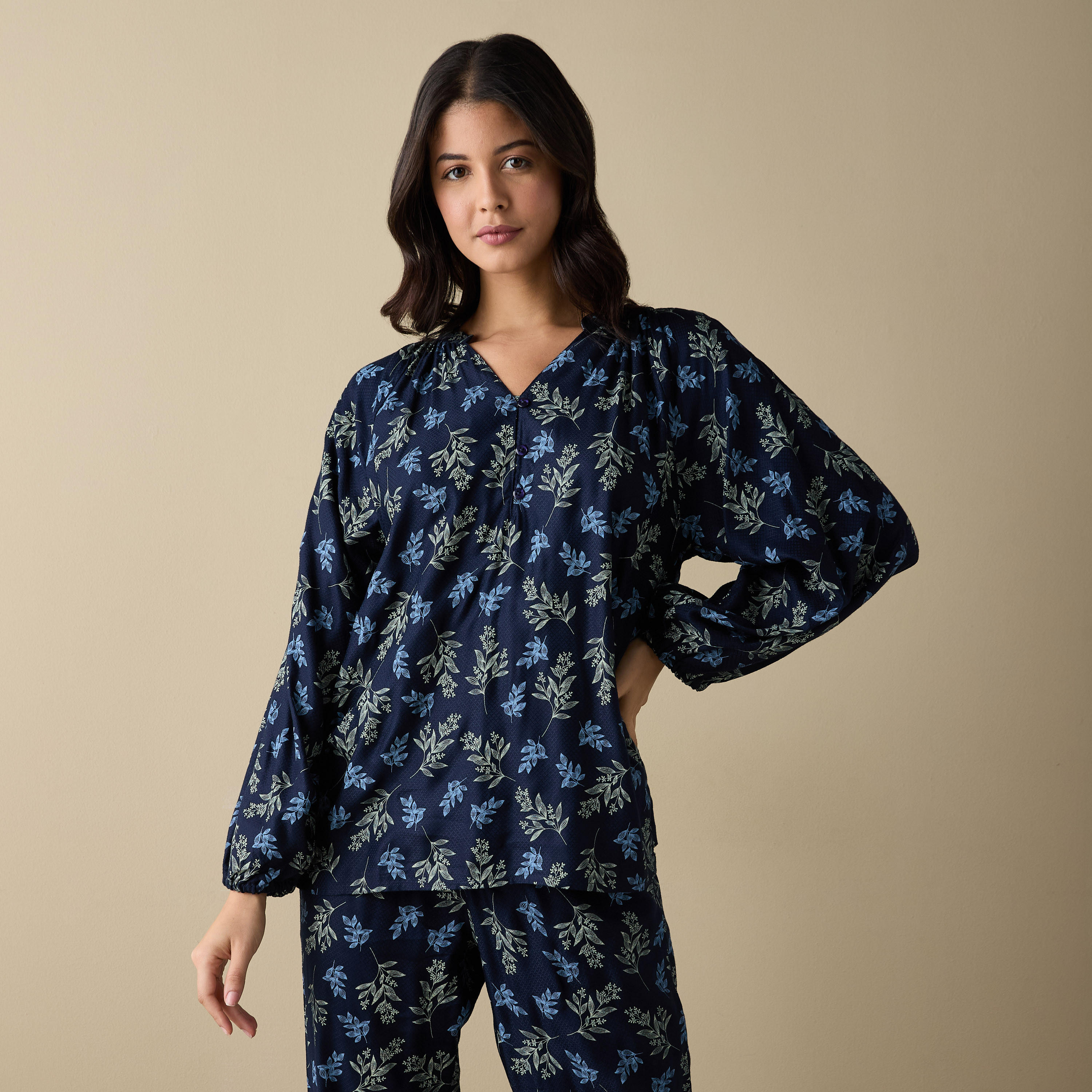 All-Over Leaf Print Shirt and Pyjama Set-women-clothing-nightwear-pyjamas-longsets-image-2