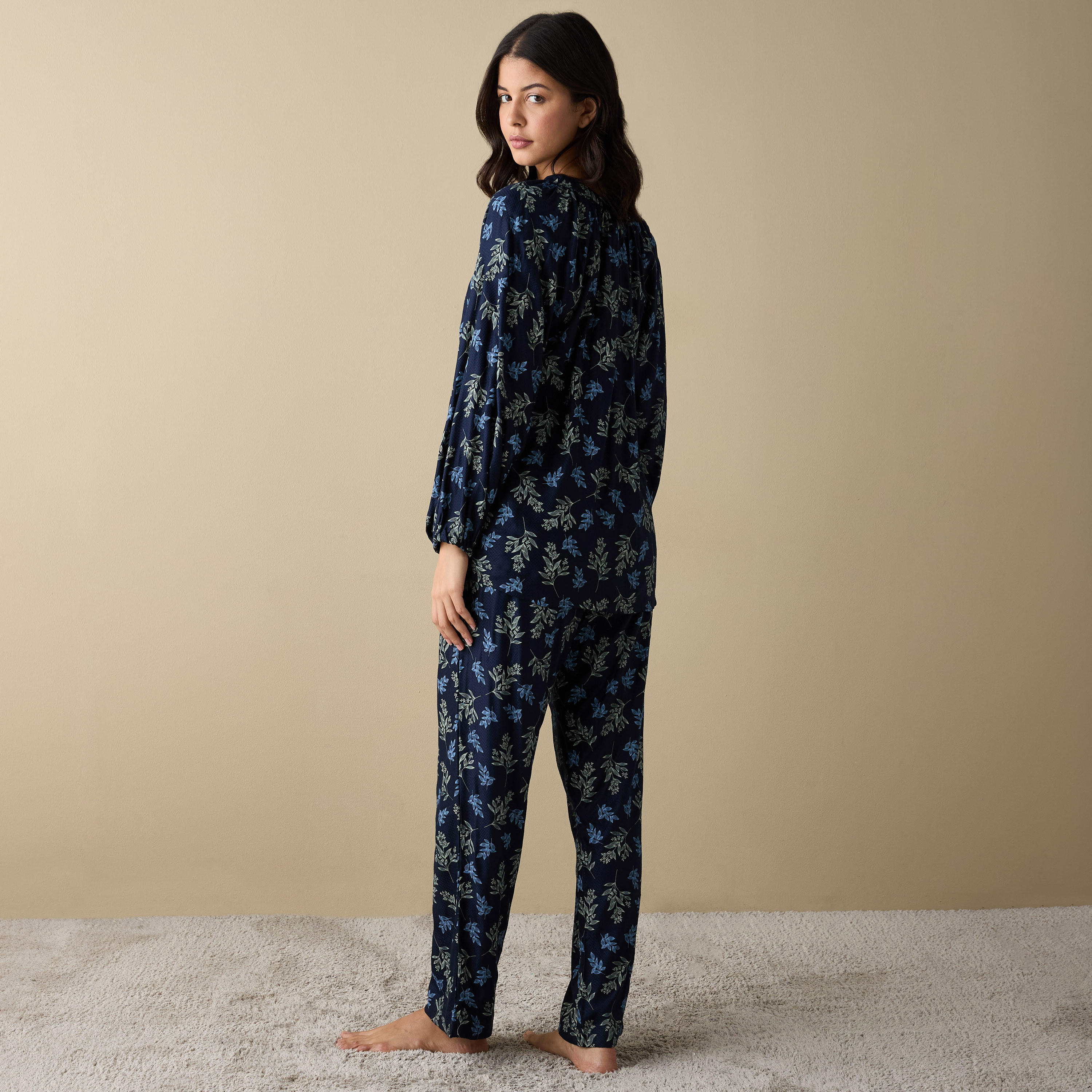 All-Over Leaf Print Shirt and Pyjama Set-women-clothing-nightwear-pyjamas-longsets-image-3
