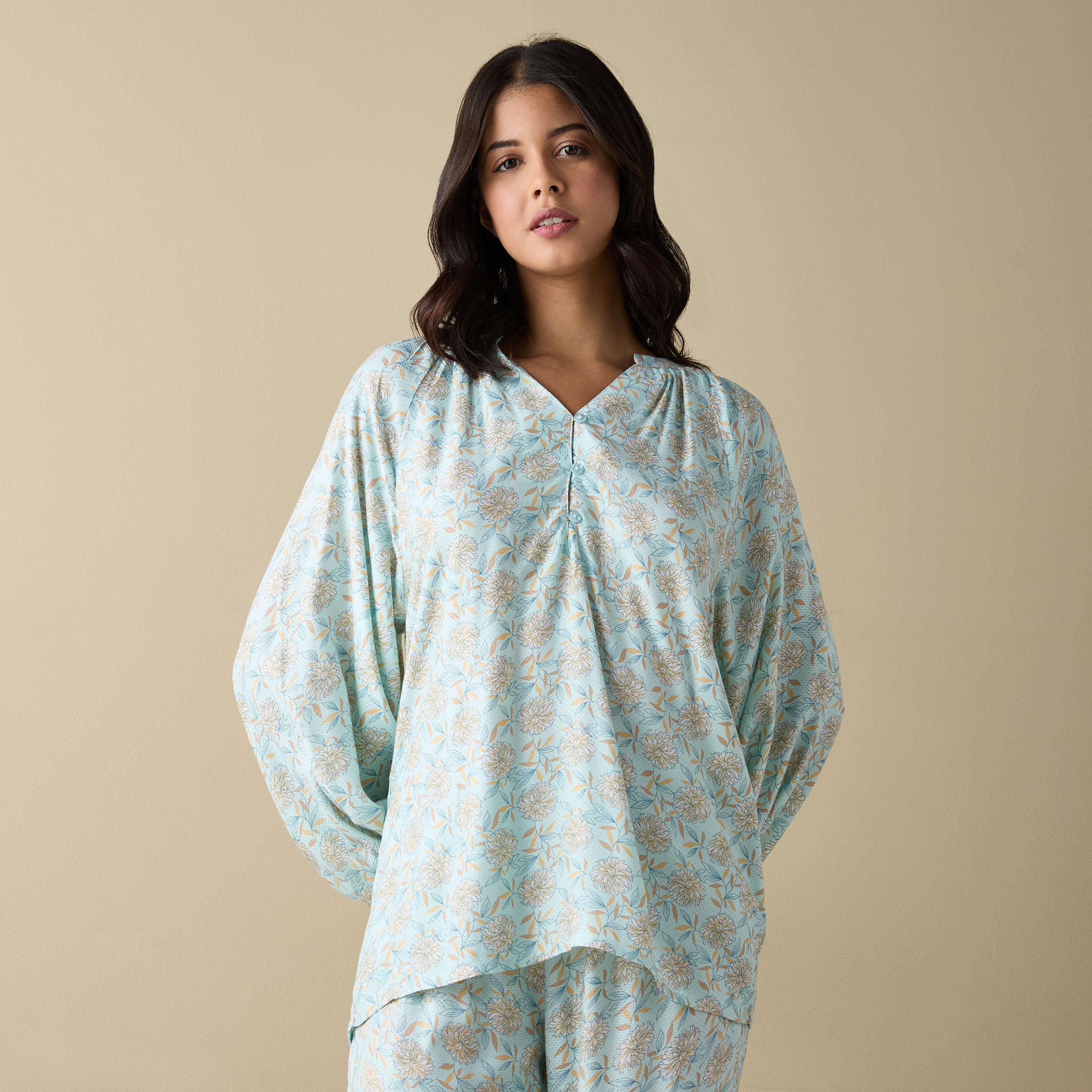طقم بنطلون بيجاما وقميص بطبعات زهور-women-clothing-nightwear-pyjamas-longsets-image-2
