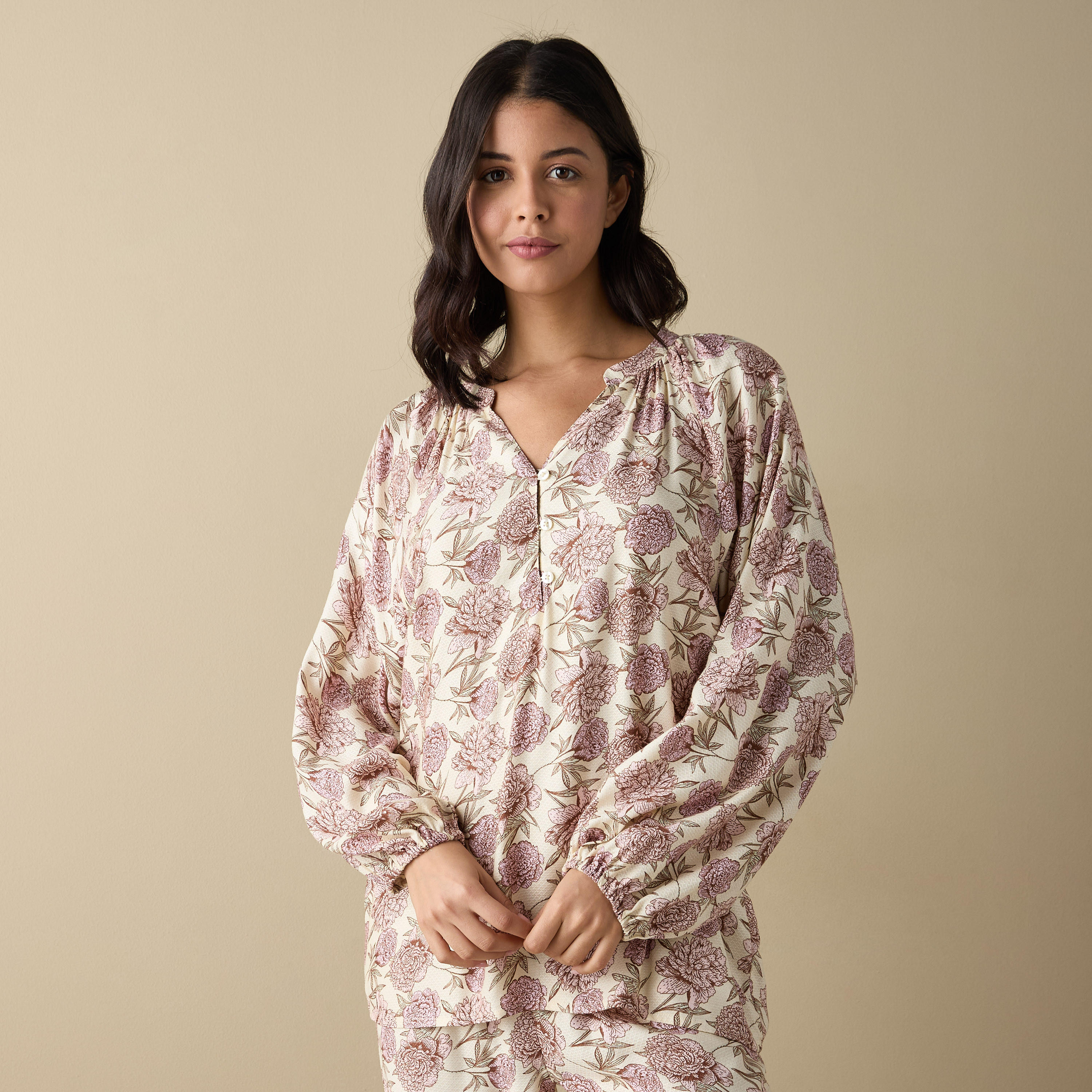 طقم بنطلون بيجاما وقميص بطبعات زهور-women-clothing-nightwear-pyjamas-longsets-image-2