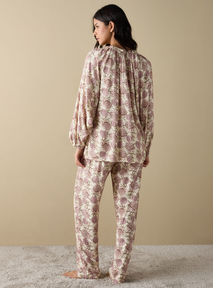 طقم بنطلون بيجاما وقميص بطبعات زهور-women-clothing-nightwear-pyjamas-longsets-image-3