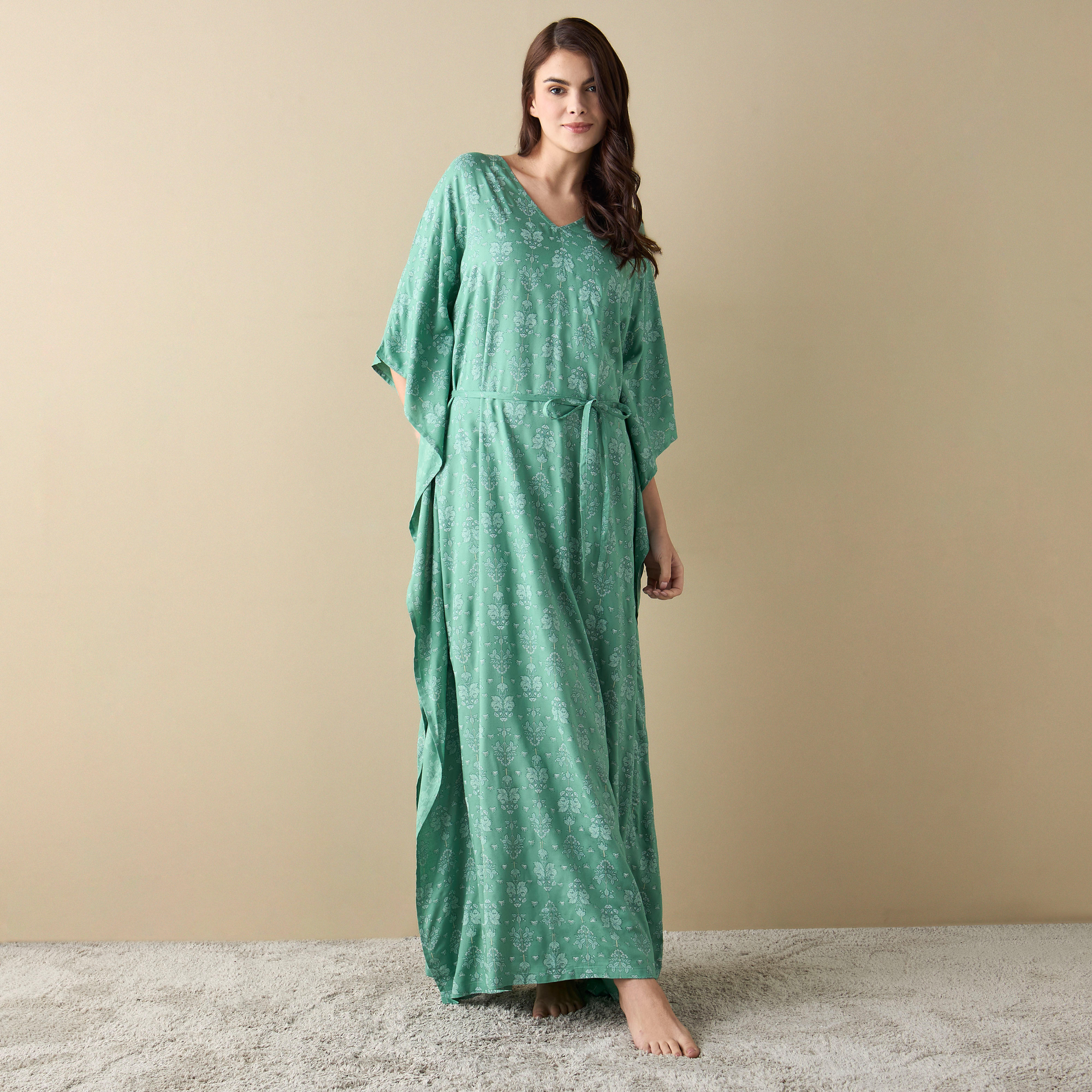 ثوب نوم قفطان بأربطة وطبعات أزهار-women-clothing-nightwear-nighties-image-1