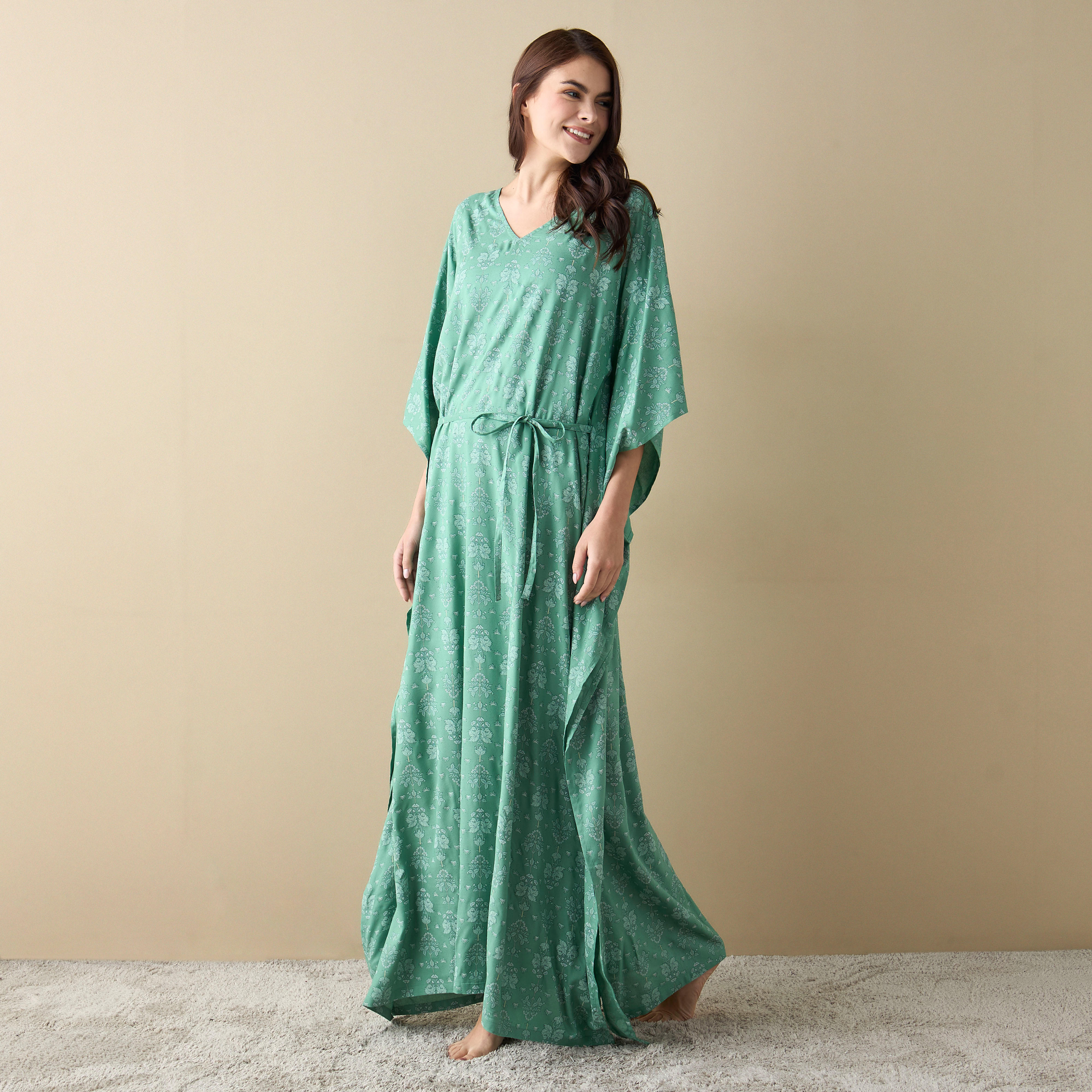 ثوب نوم قفطان بأربطة وطبعات أزهار-women-clothing-nightwear-nighties-image-2