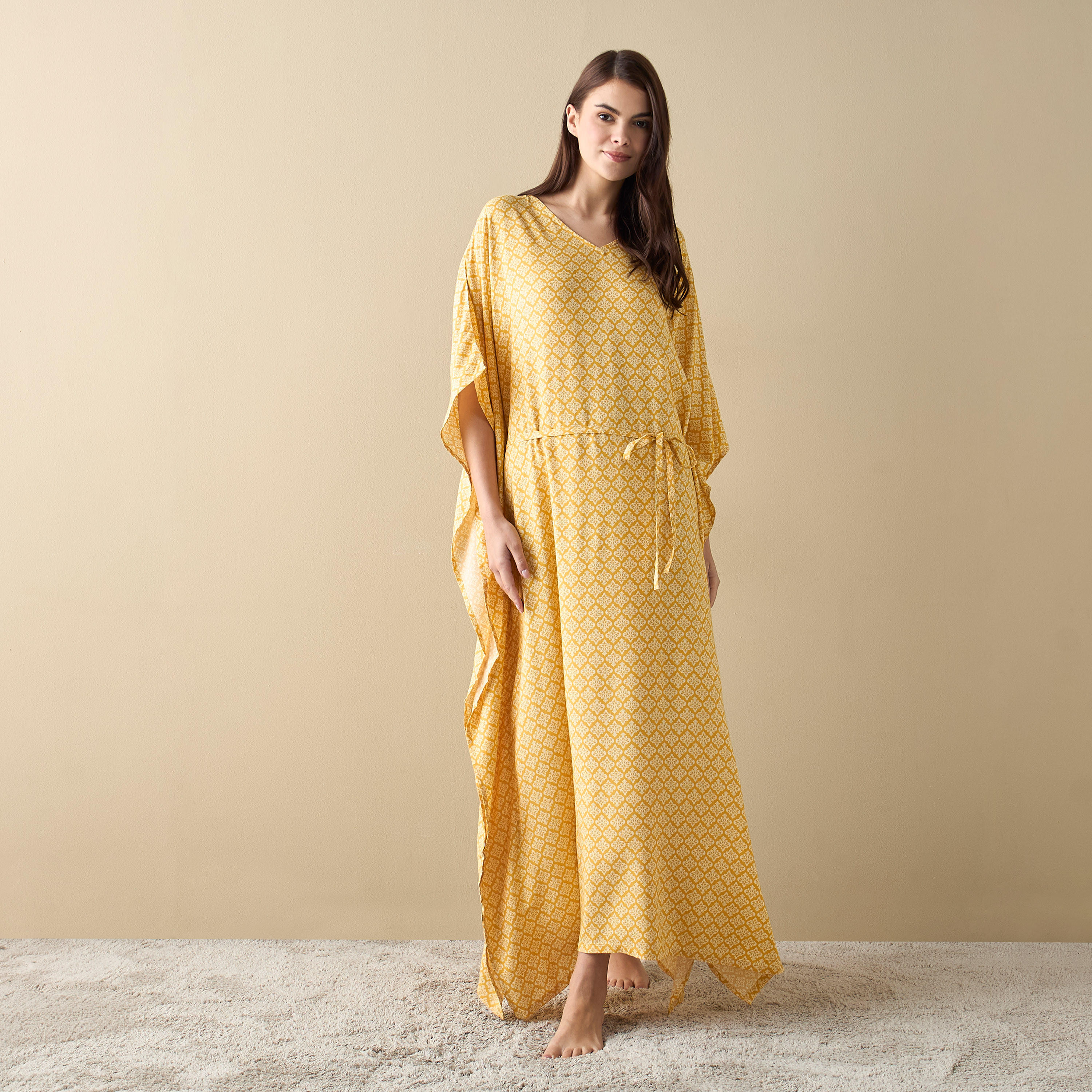 ثوب نوم قفطان بأربطة وطبعات-women-clothing-nightwear-nighties-image-1