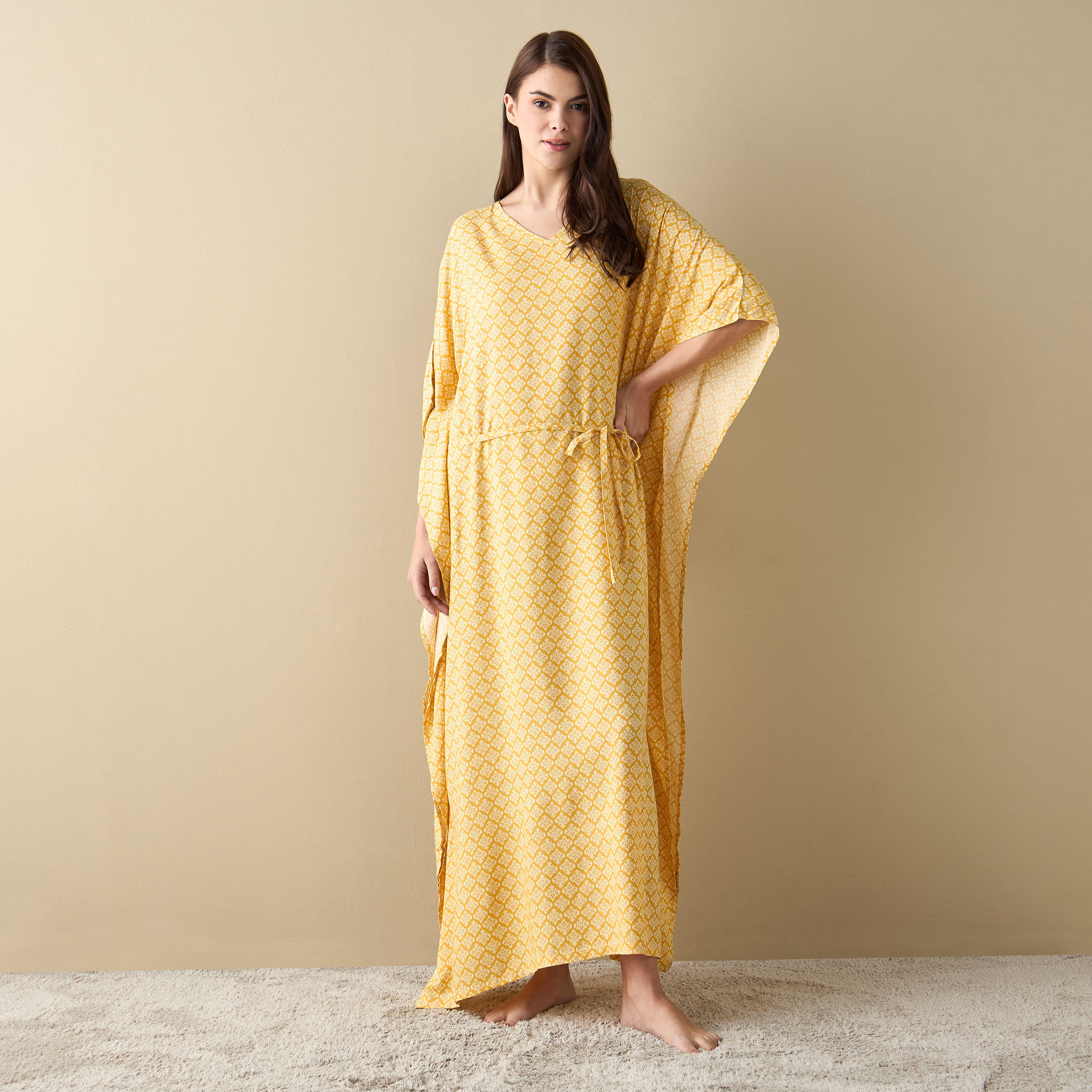 ثوب نوم قفطان بأربطة وطبعات-women-clothing-nightwear-nighties-image-2