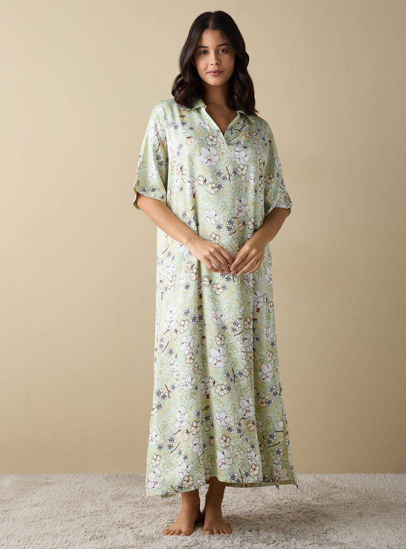 قميص نوم بياقة عادية وأكمام قصيرة وطبعات أزهار-women-clothing-nightwear-nighties-image-1