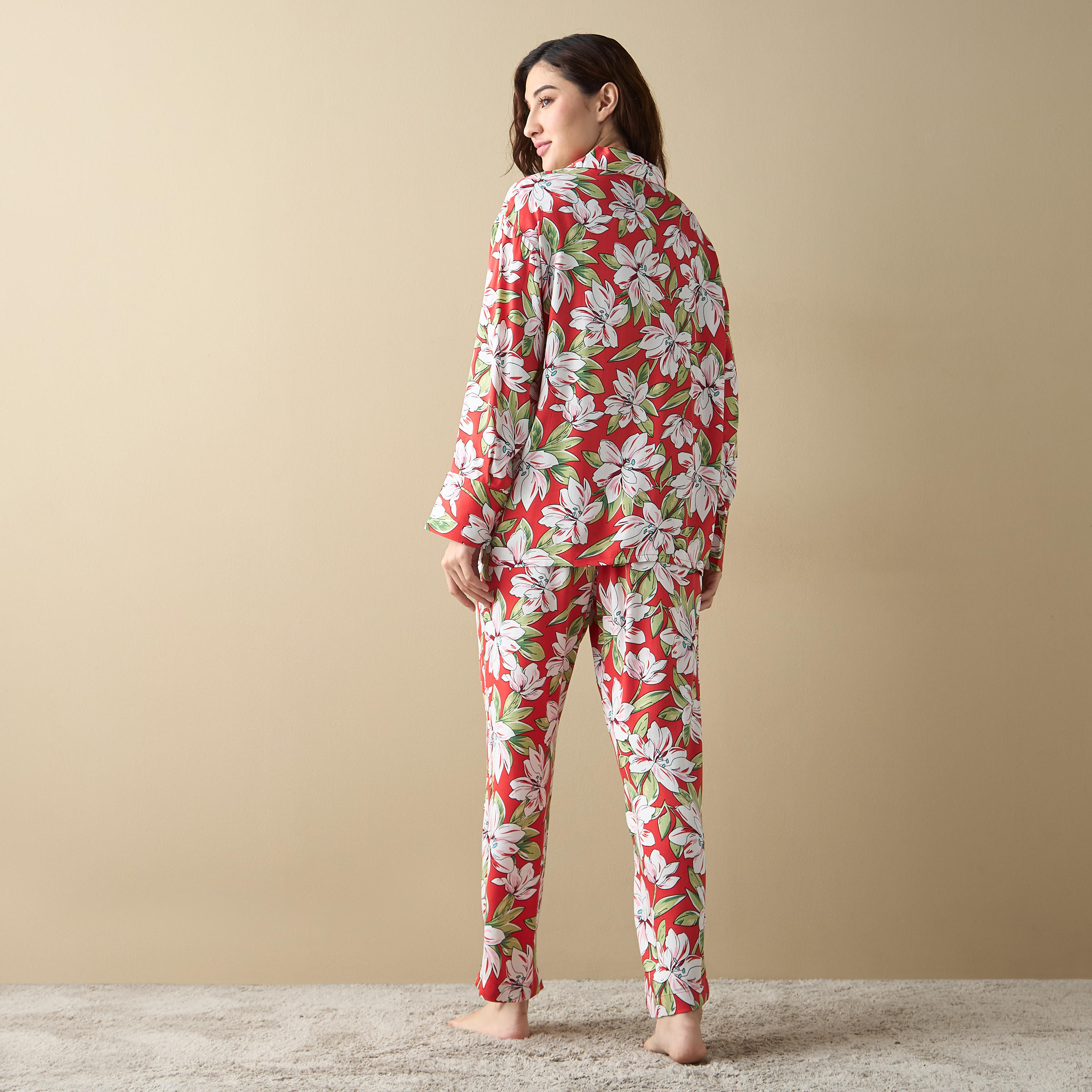 طقم بنطلون بيجاما وقميص بطبعات زهرية-women-clothing-nightwear-pyjamas-longsets-image-3