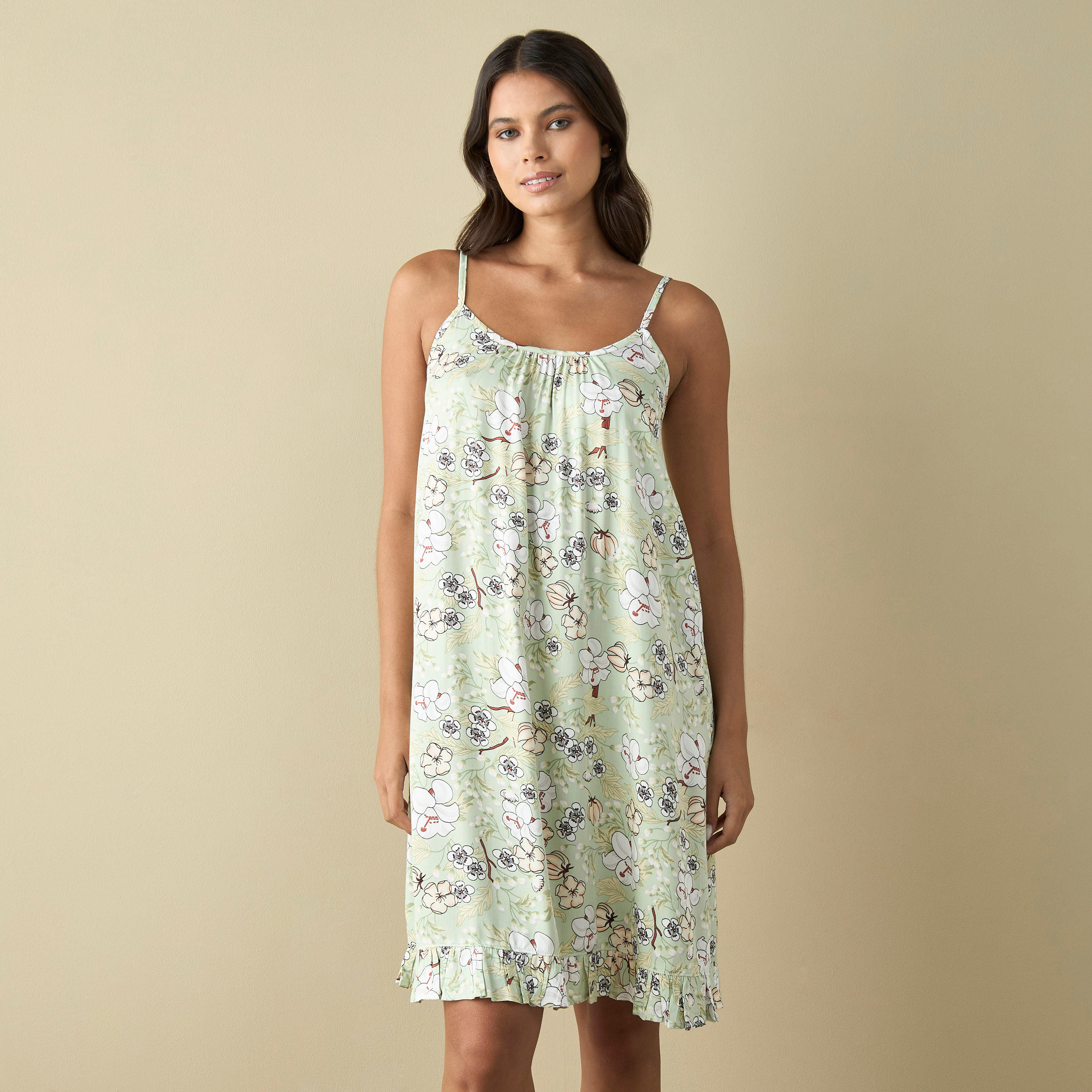 فستان ميدي سهل الارتداء بطبعات زهور بالكامل مع حافة كشكش-women-clothing-nightwear-nighties-image-2