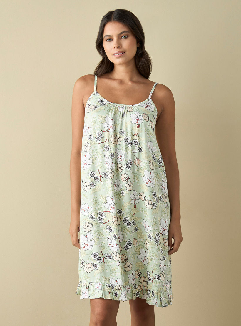 فستان ميدي سهل الارتداء بطبعات زهور بالكامل مع حافة كشكش-women-clothing-nightwear-nighties-image-2